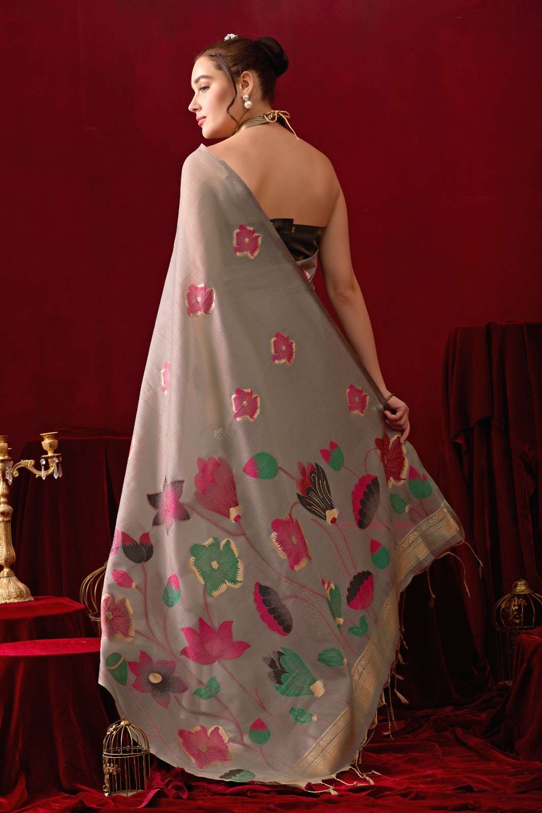 Muga Cotton Floral Design Saree in Gray