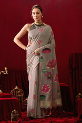 Muga Cotton Floral Design Saree in Gray