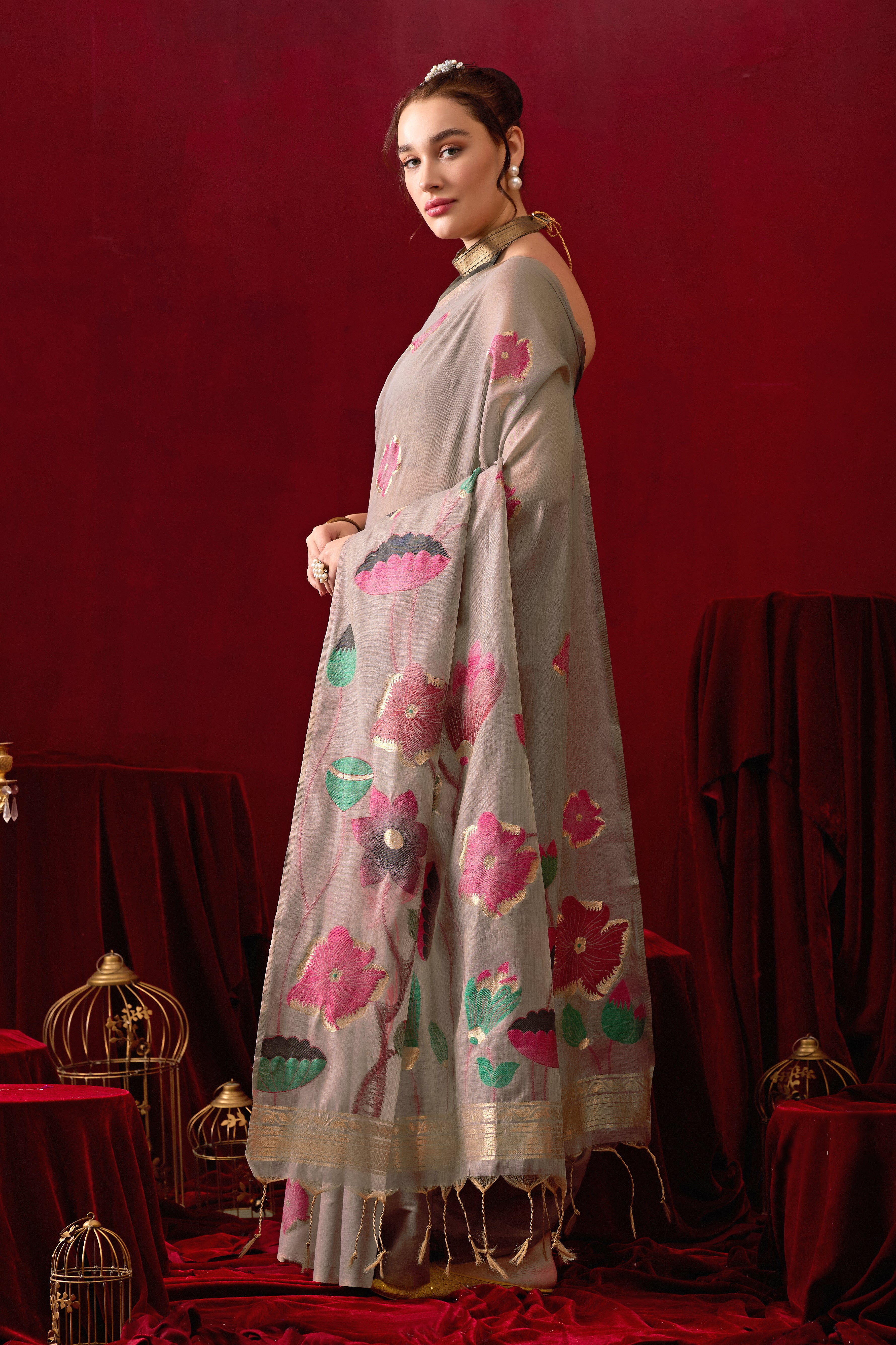 Muga Cotton Floral Design Saree in Gray