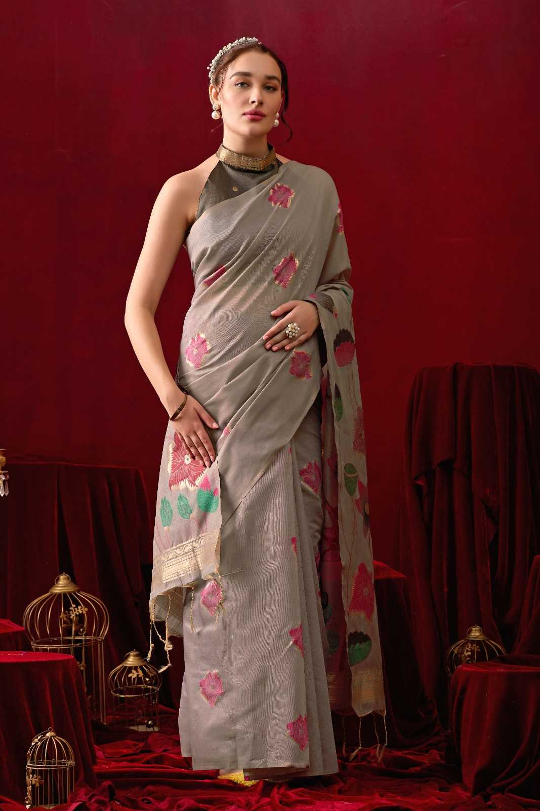 Muga Cotton Floral Design Saree in Gray