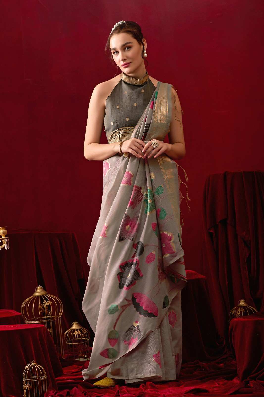 Muga Cotton Floral Design Saree in Gray