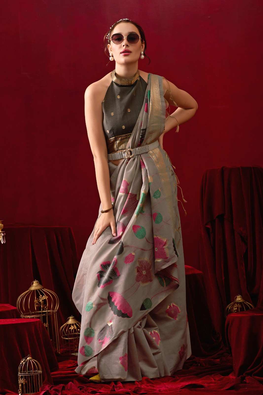 Muga Cotton Floral Design Saree in Gray