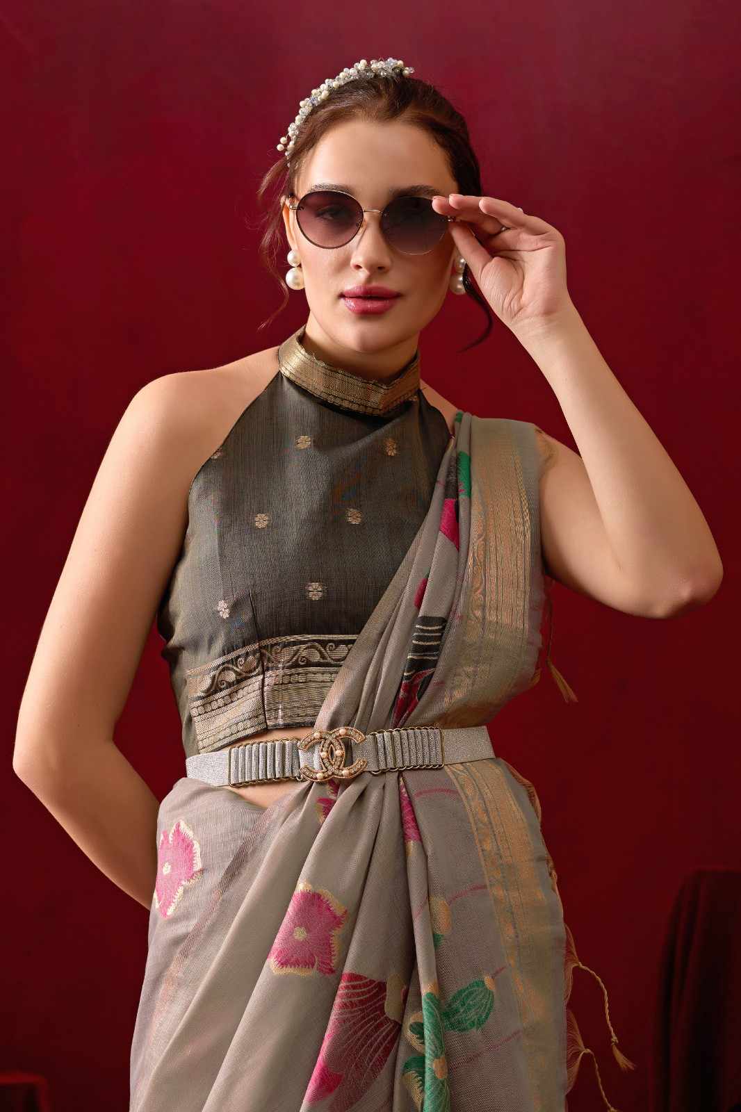 Muga Cotton Floral Design Saree in Gray