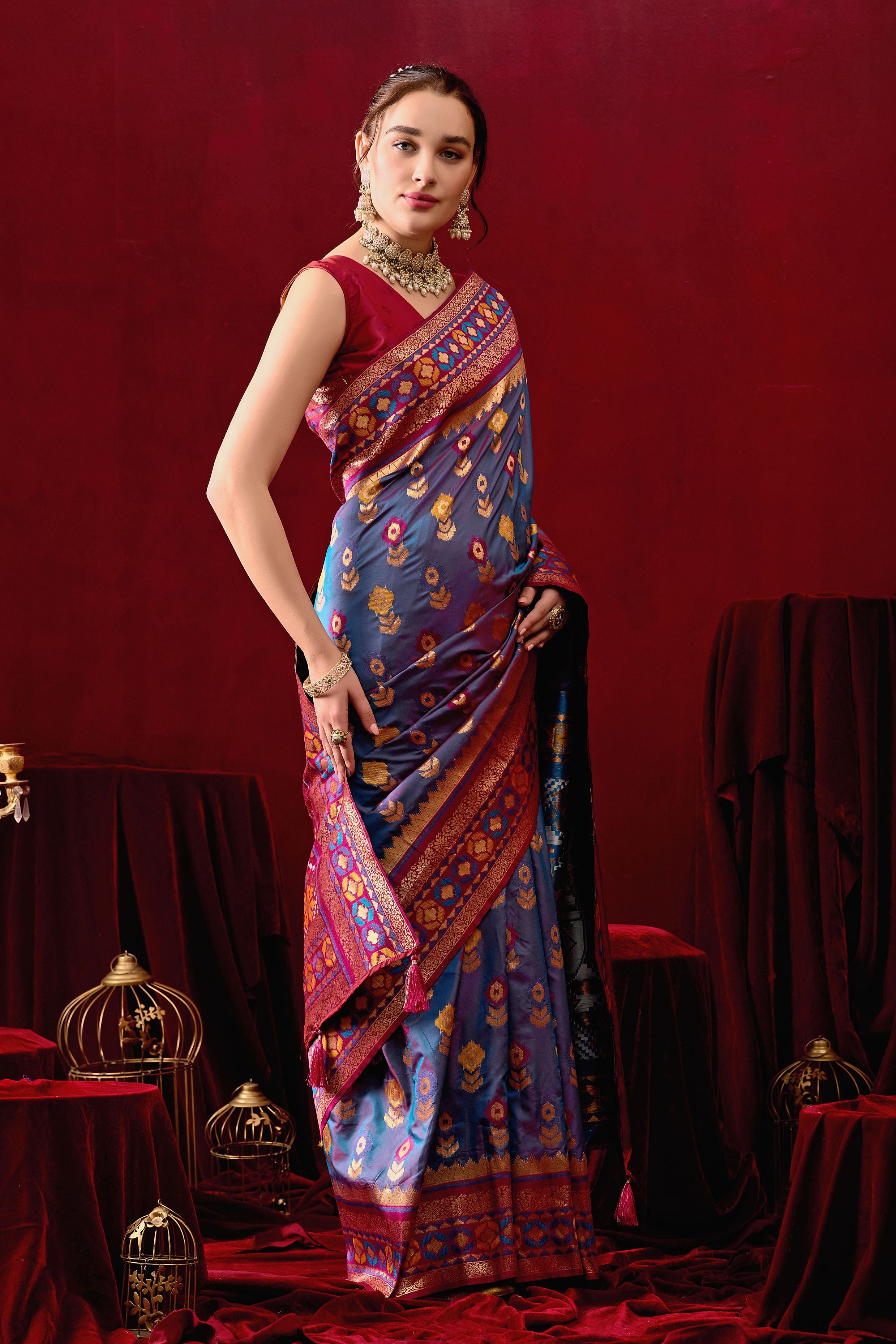 Vasanti Rama & Wine Contrast Banarasi Silk Saree
