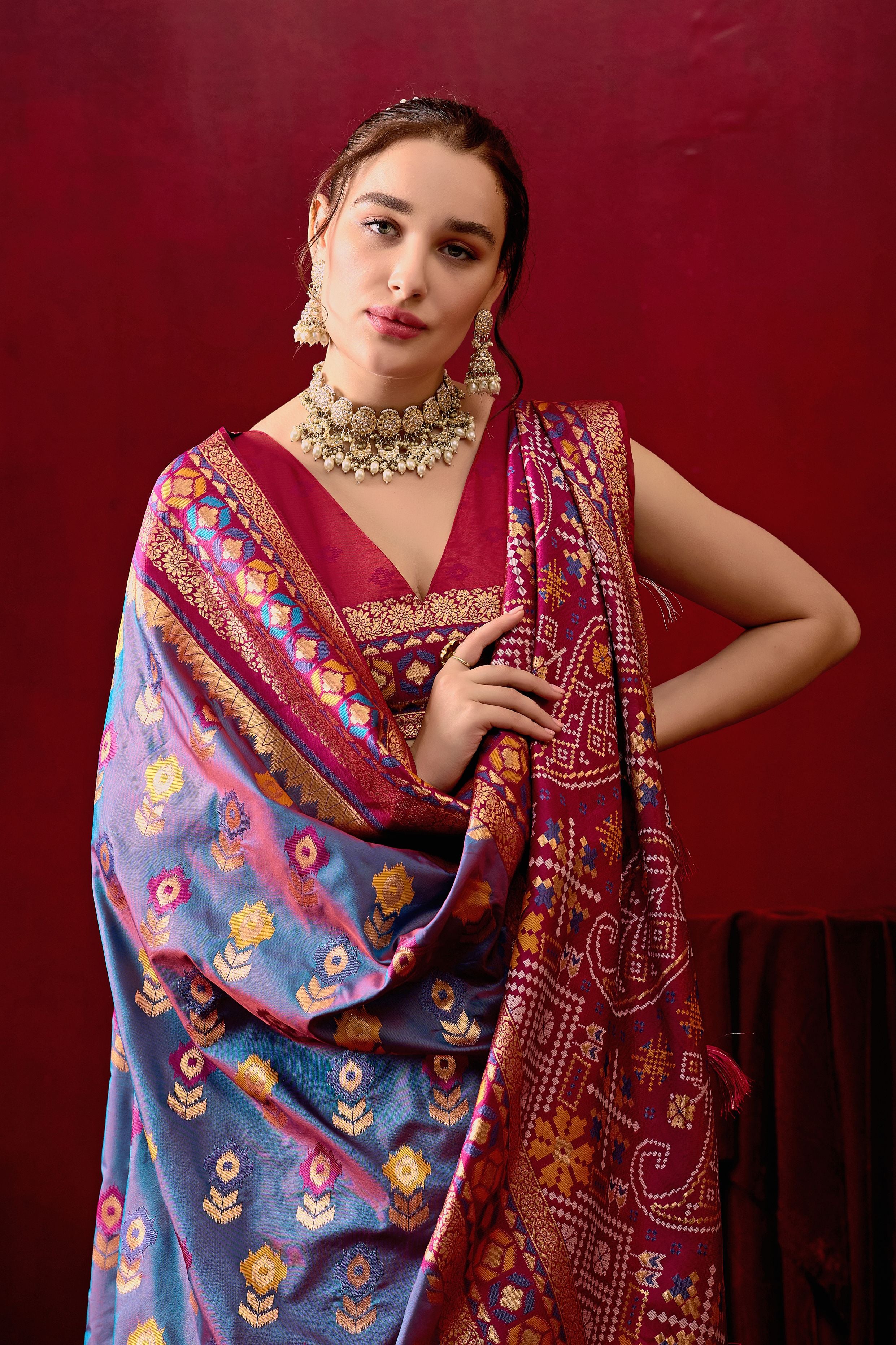 Vasanti Rama & Wine Contrast Banarasi Silk Saree