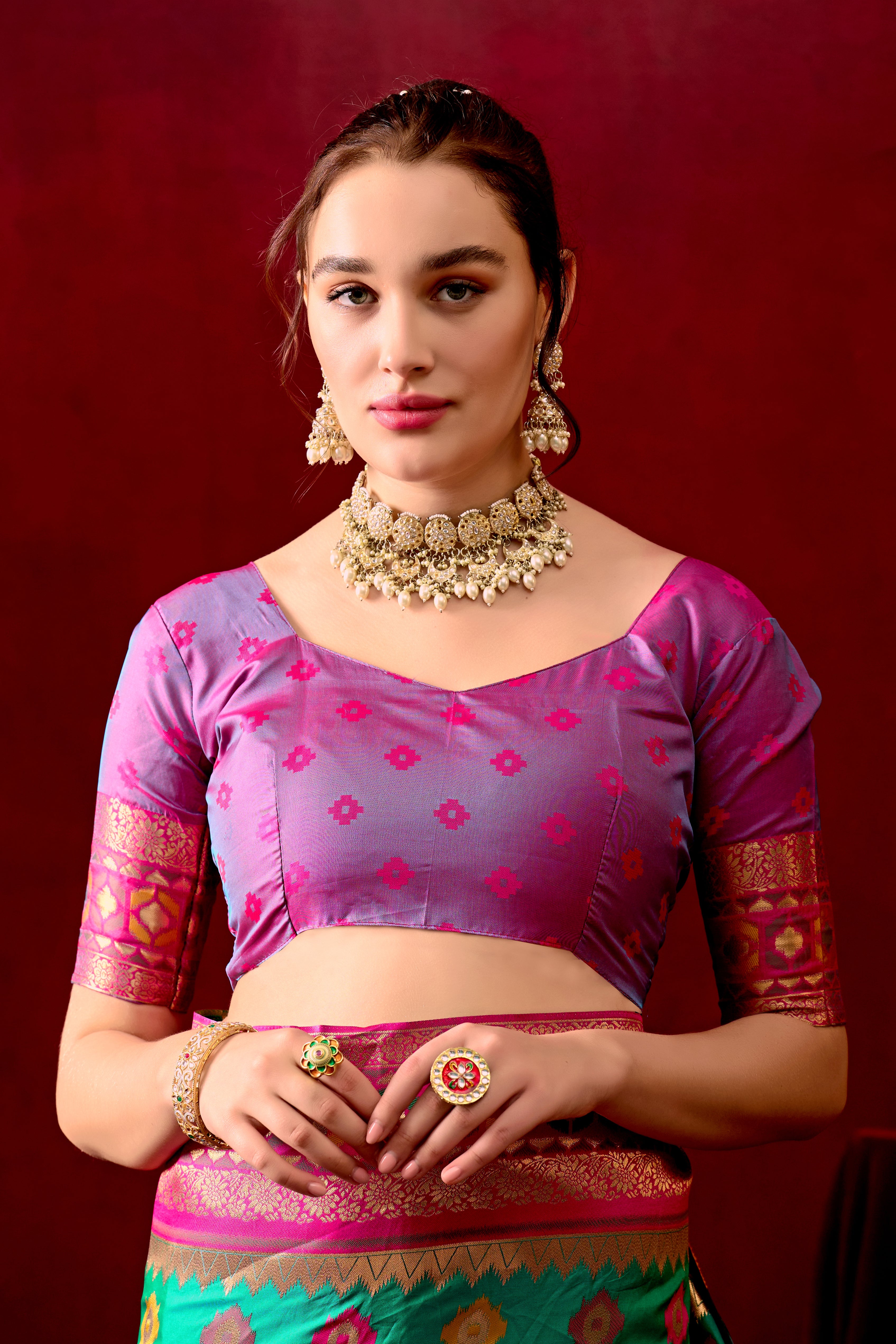 Vasanti Parrot Green & Rani Contrast Banarasi Silk Saree