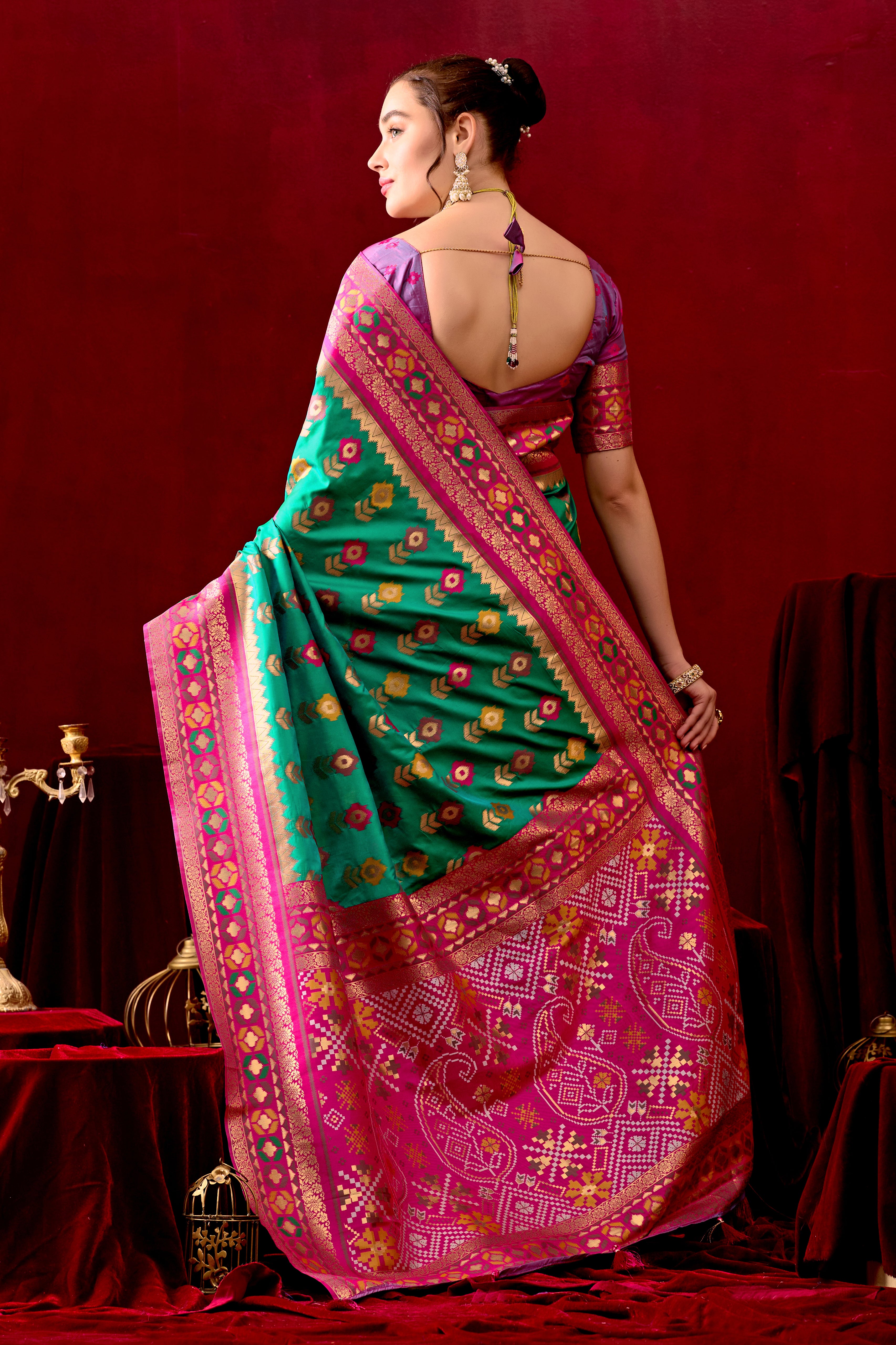 Vasanti Parrot Green & Rani Contrast Banarasi Silk Saree