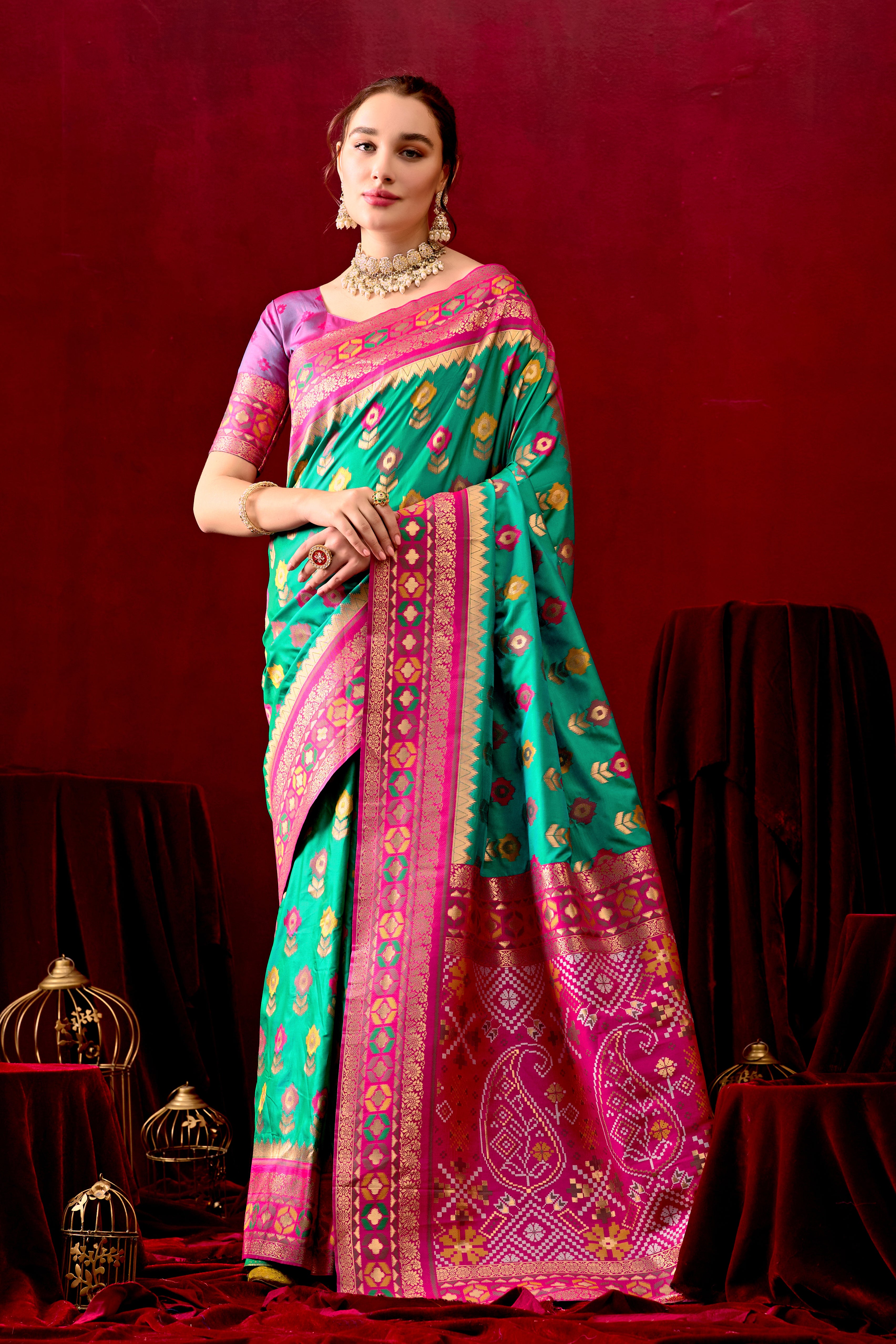 Vasanti Parrot Green & Rani Contrast Banarasi Silk Saree