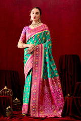 Vasanti Parrot Green & Rani Contrast Banarasi Silk Saree