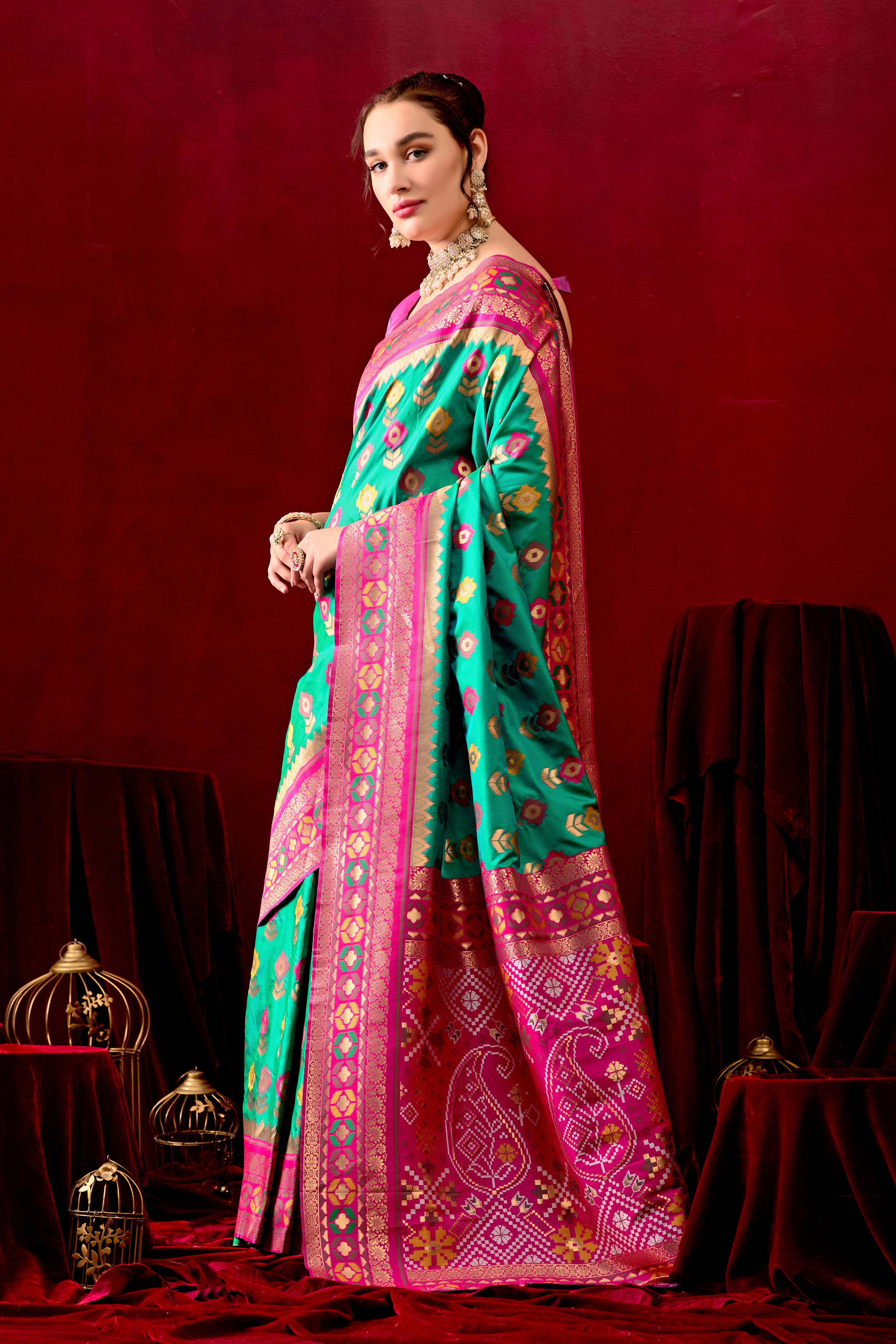 Vasanti Parrot Green & Rani Contrast Banarasi Silk Saree