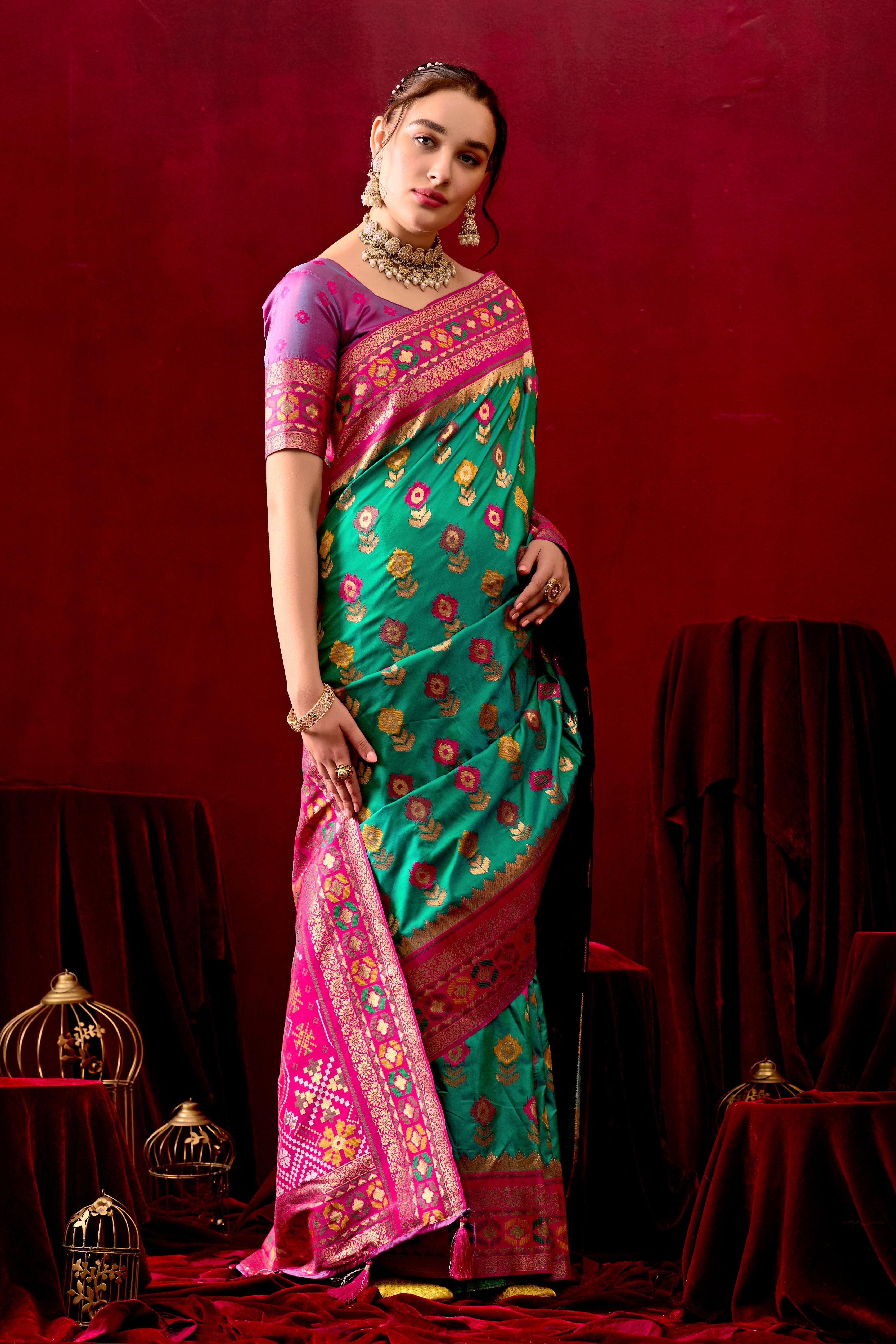 Vasanti Parrot Green & Rani Contrast Banarasi Silk Saree