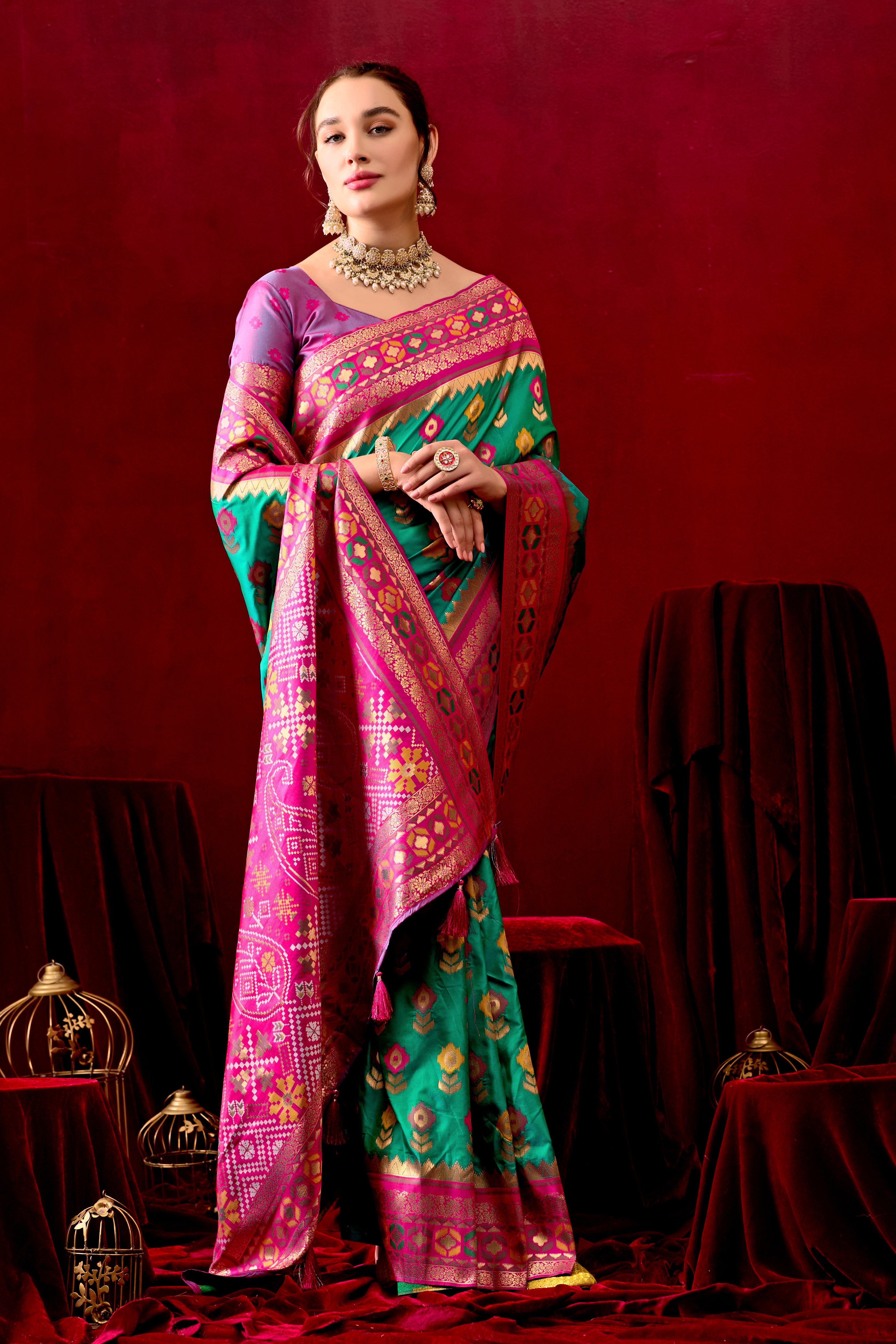 Vasanti Parrot Green & Rani Contrast Banarasi Silk Saree