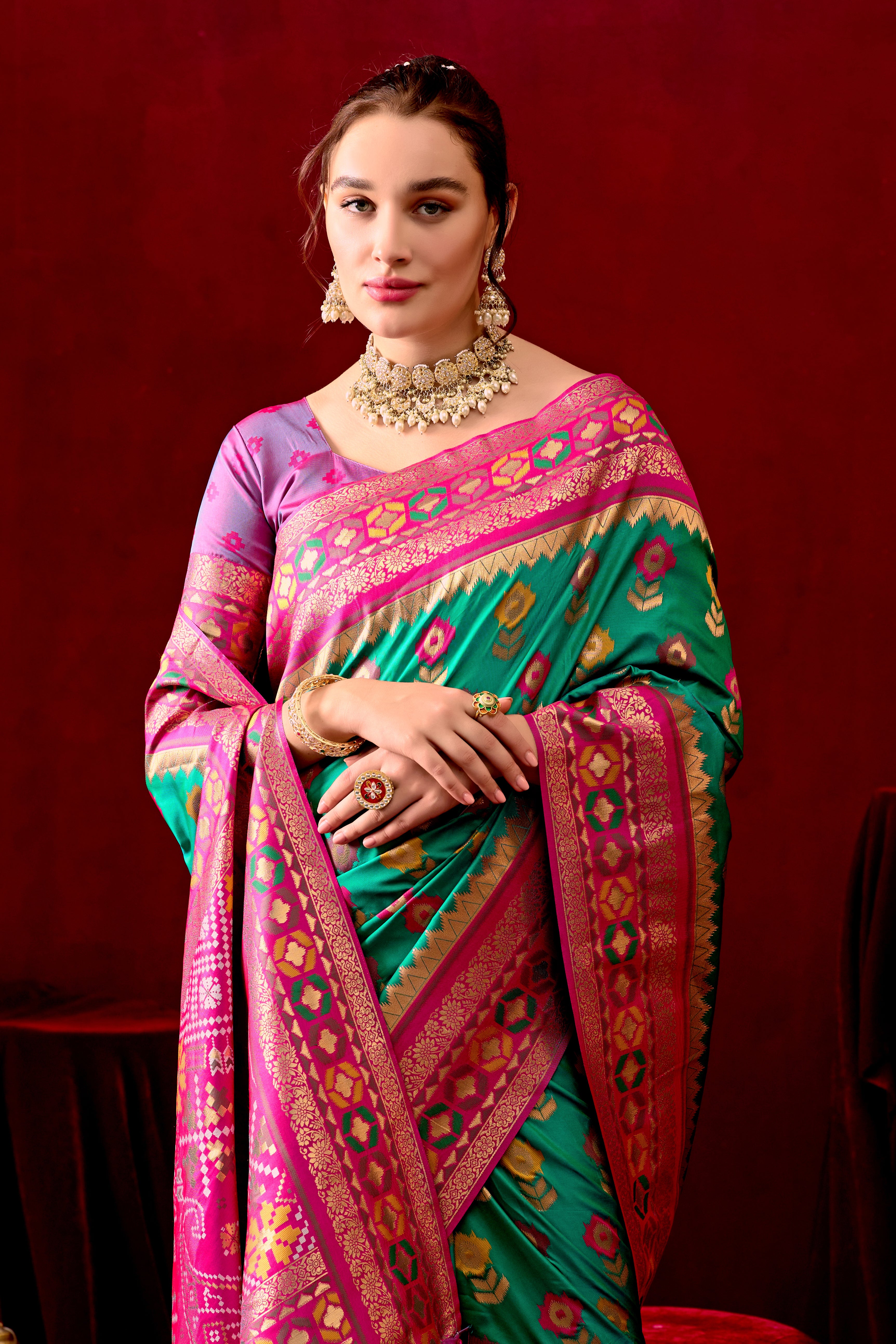 Vasanti Parrot Green & Rani Contrast Banarasi Silk Saree