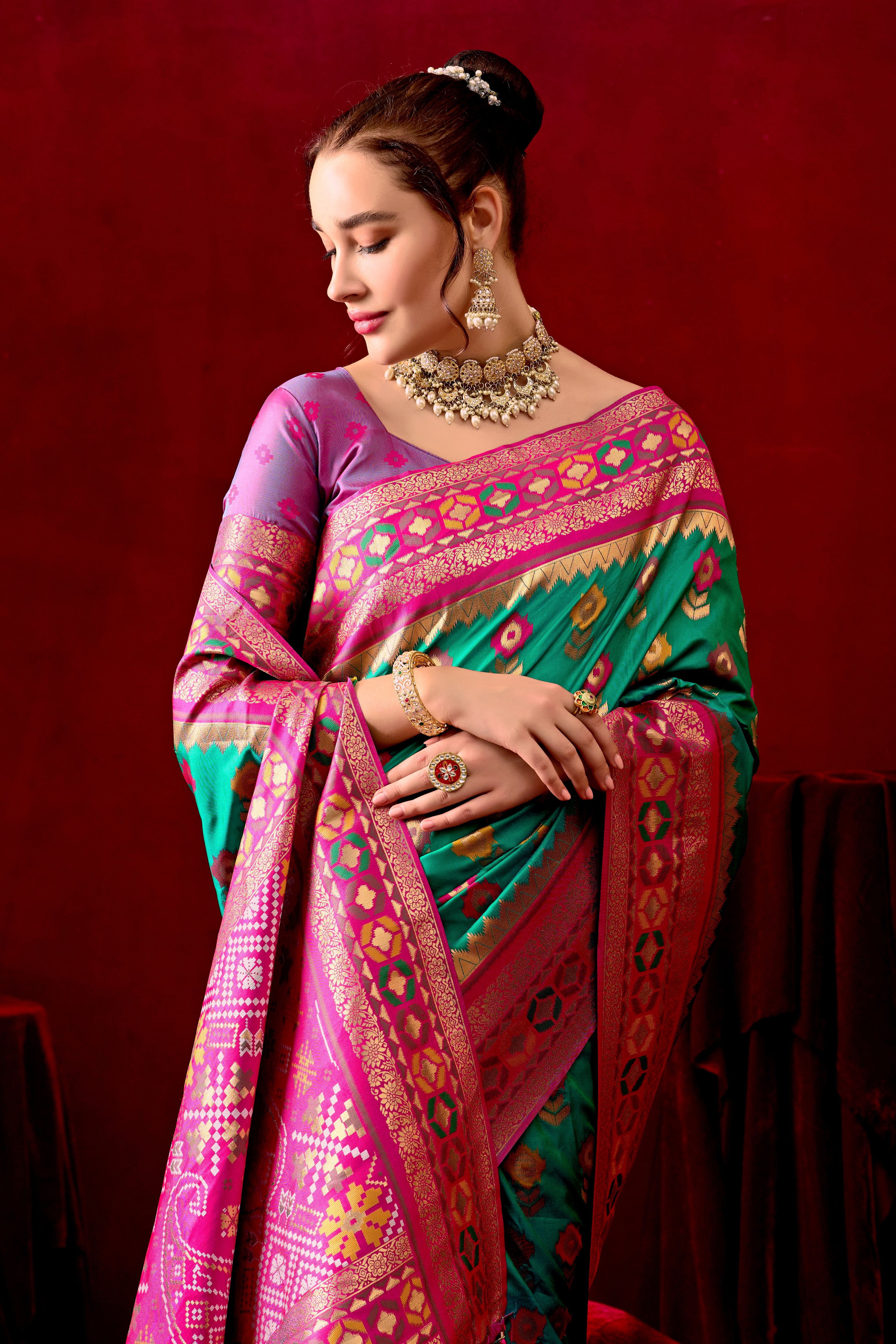 Vasanti Parrot Green & Rani Contrast Banarasi Silk Saree