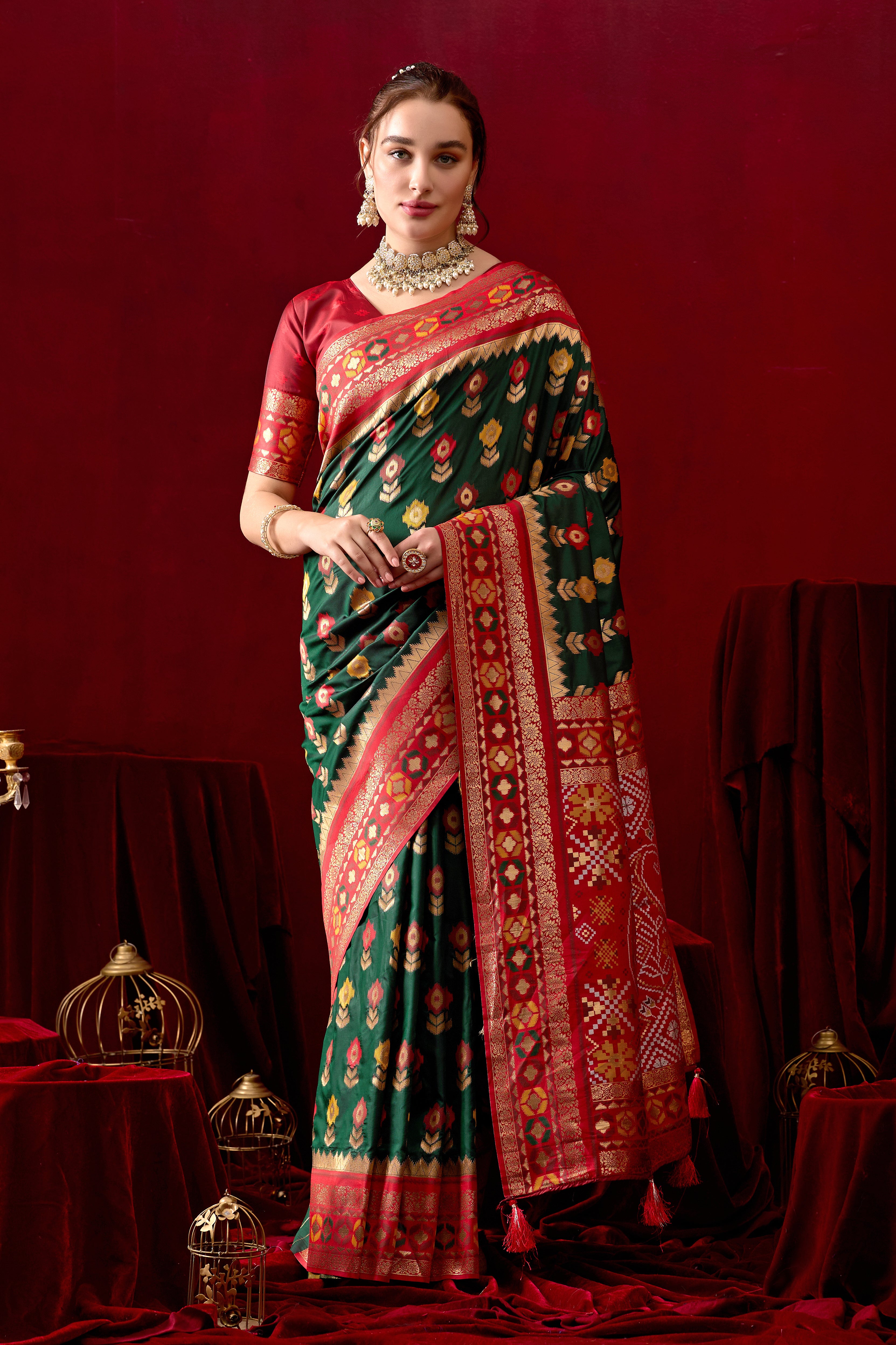 Vasanti Dark Green & Red Contrast Banarasi Silk Saree
