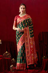 Vasanti Dark Green & Red Contrast Banarasi Silk Saree