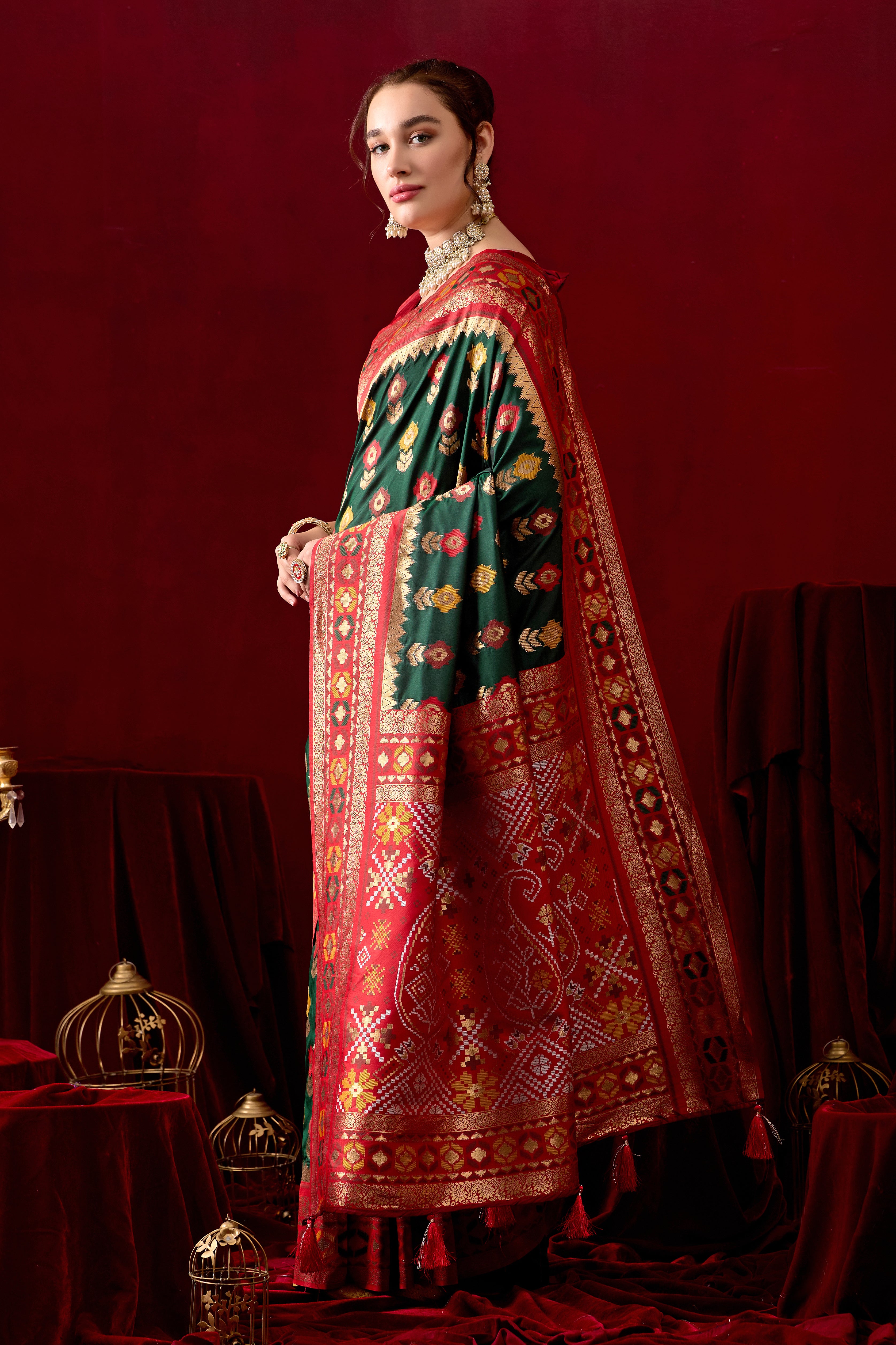 Vasanti Dark Green & Red Contrast Banarasi Silk Saree