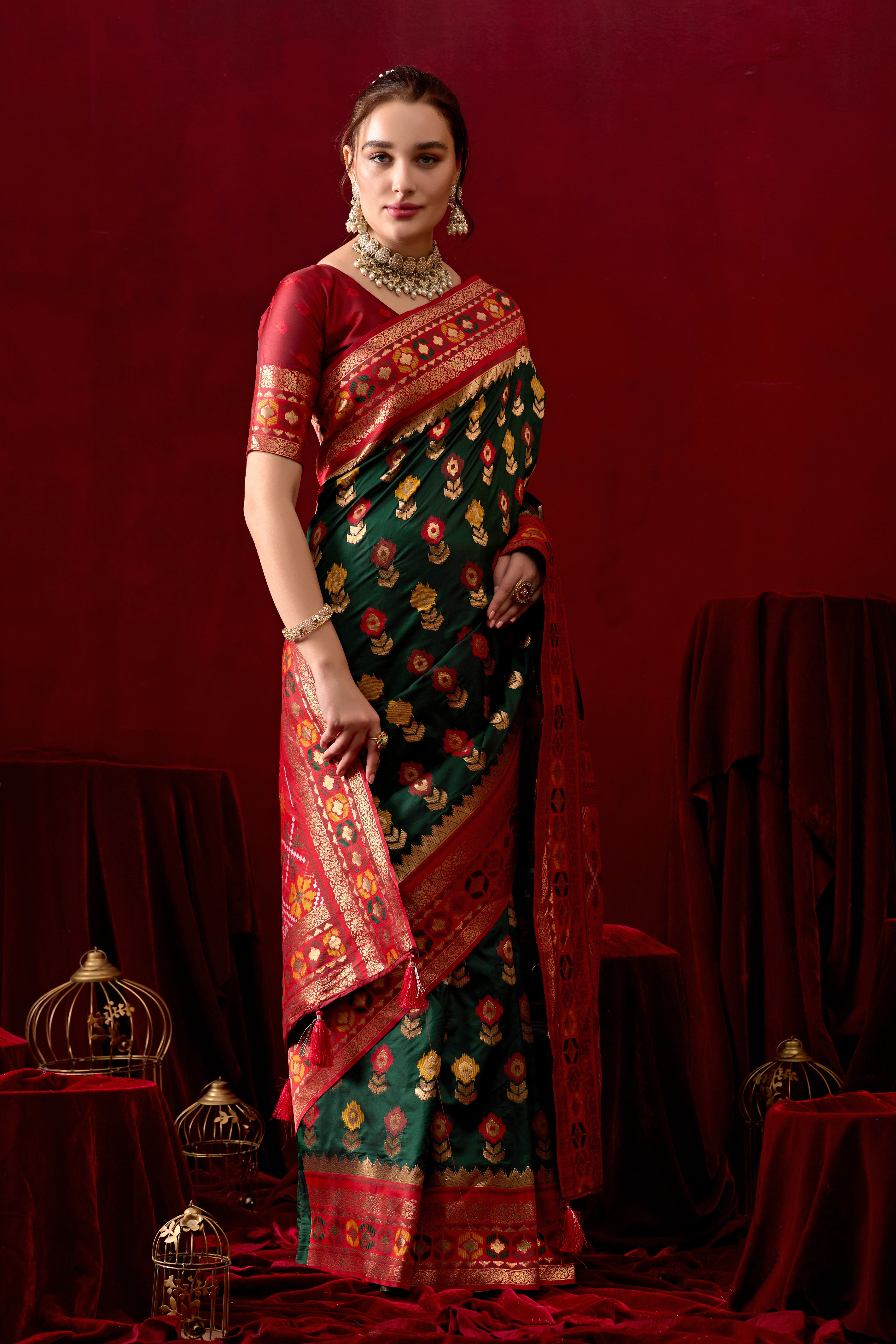 Vasanti Dark Green & Red Contrast Banarasi Silk Saree