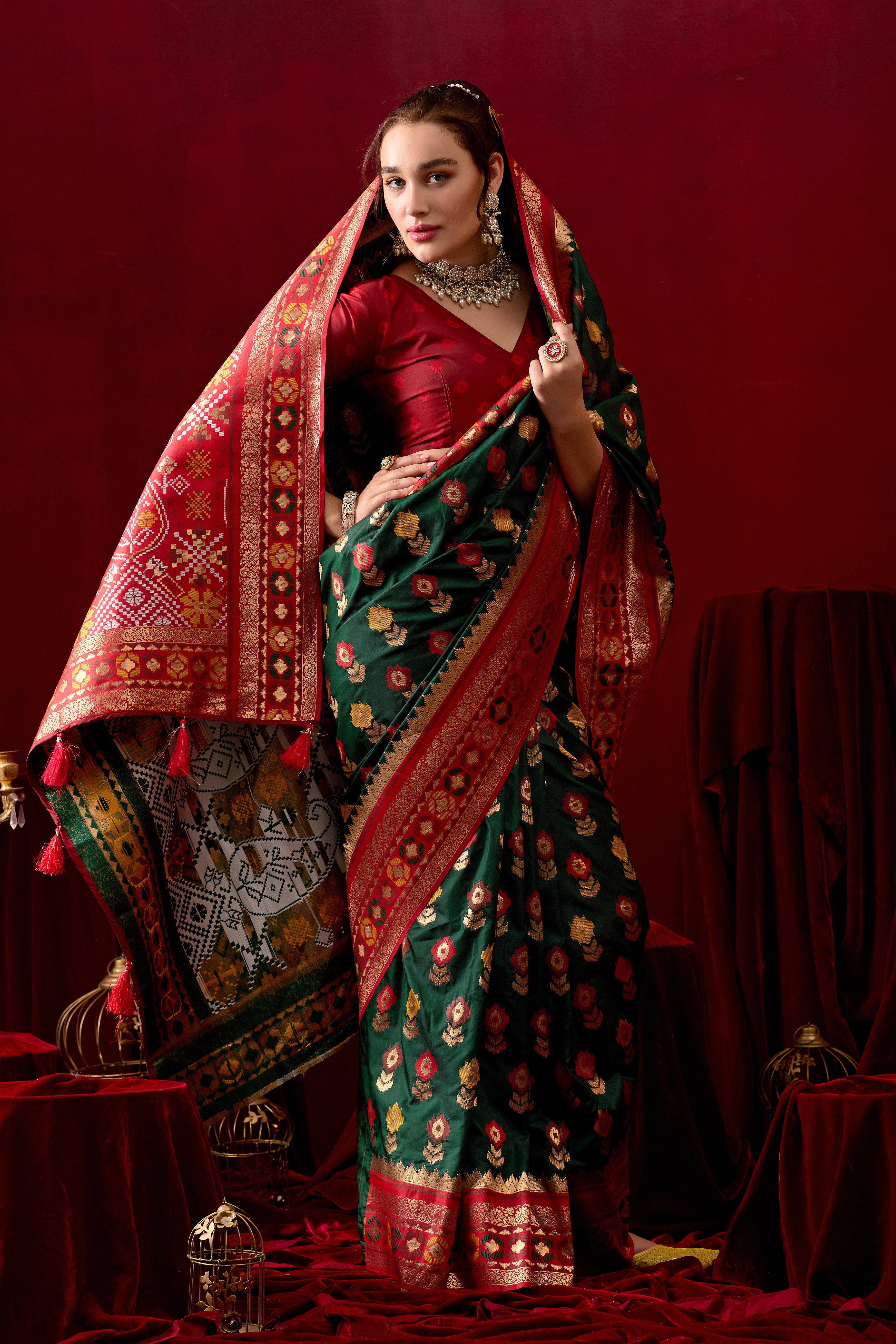 Vasanti Dark Green & Red Contrast Banarasi Silk Saree