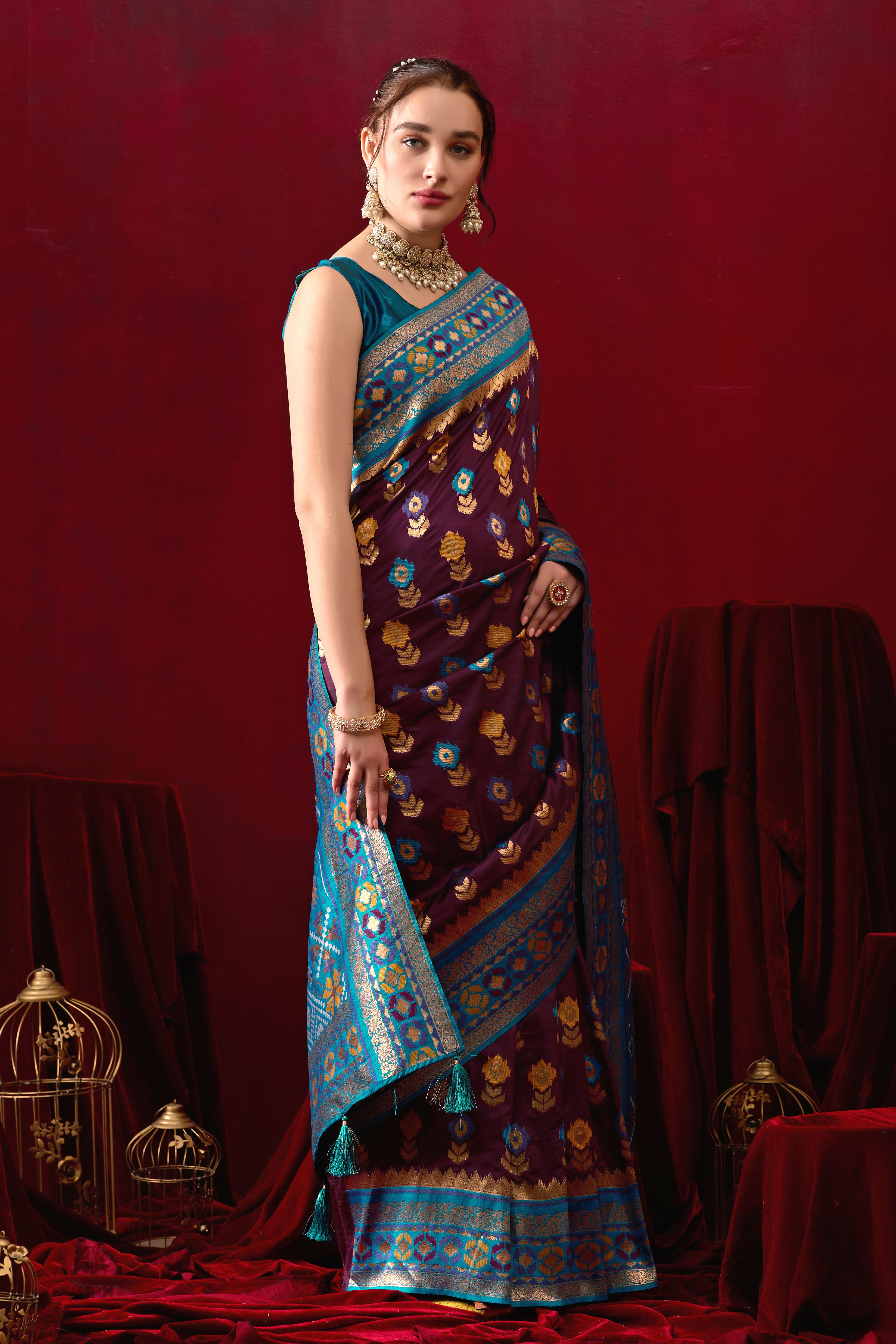 Vasanti Wine & Firoji Contrast Banarasi Silk Saree