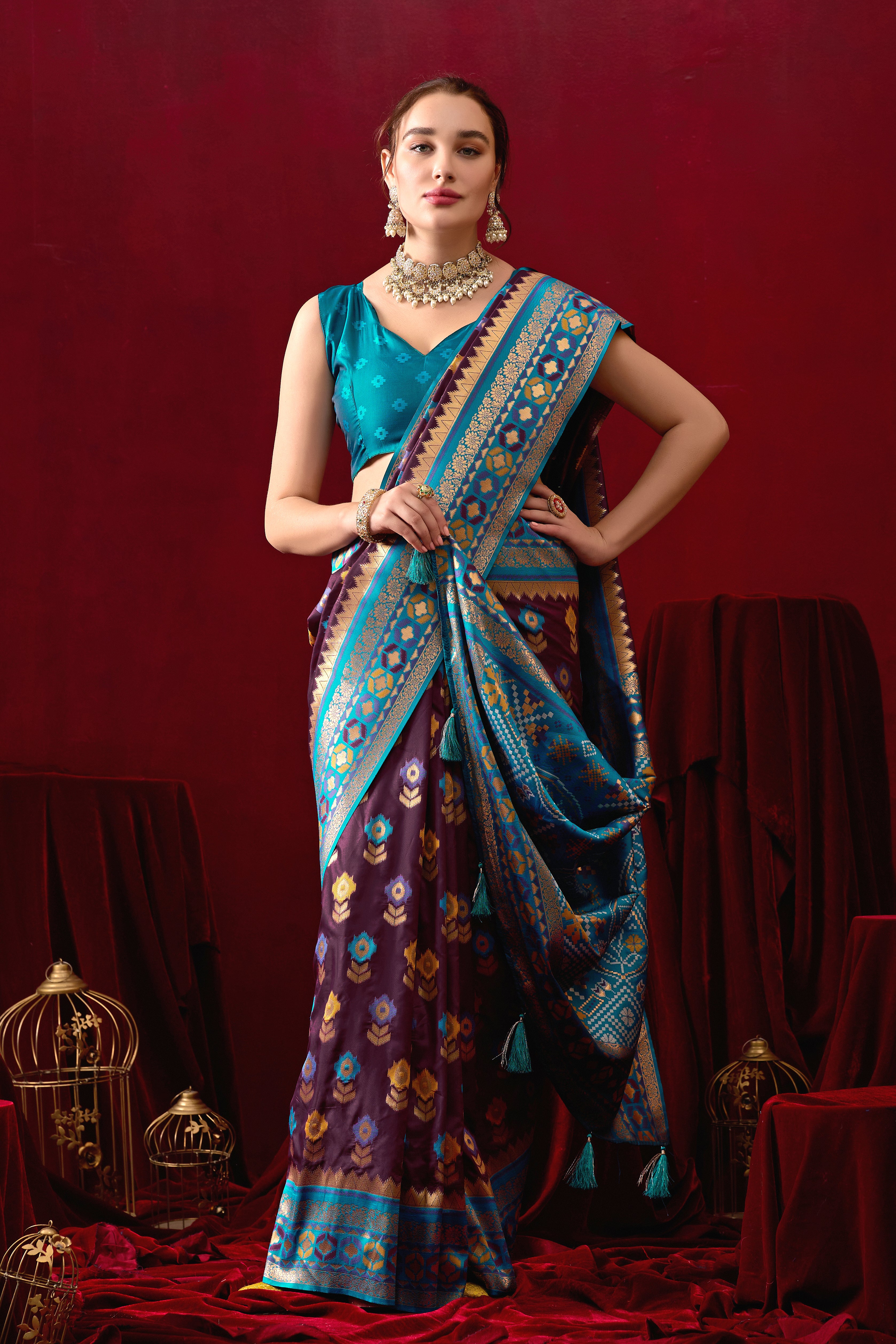 Vasanti Wine & Firoji Contrast Banarasi Silk Saree