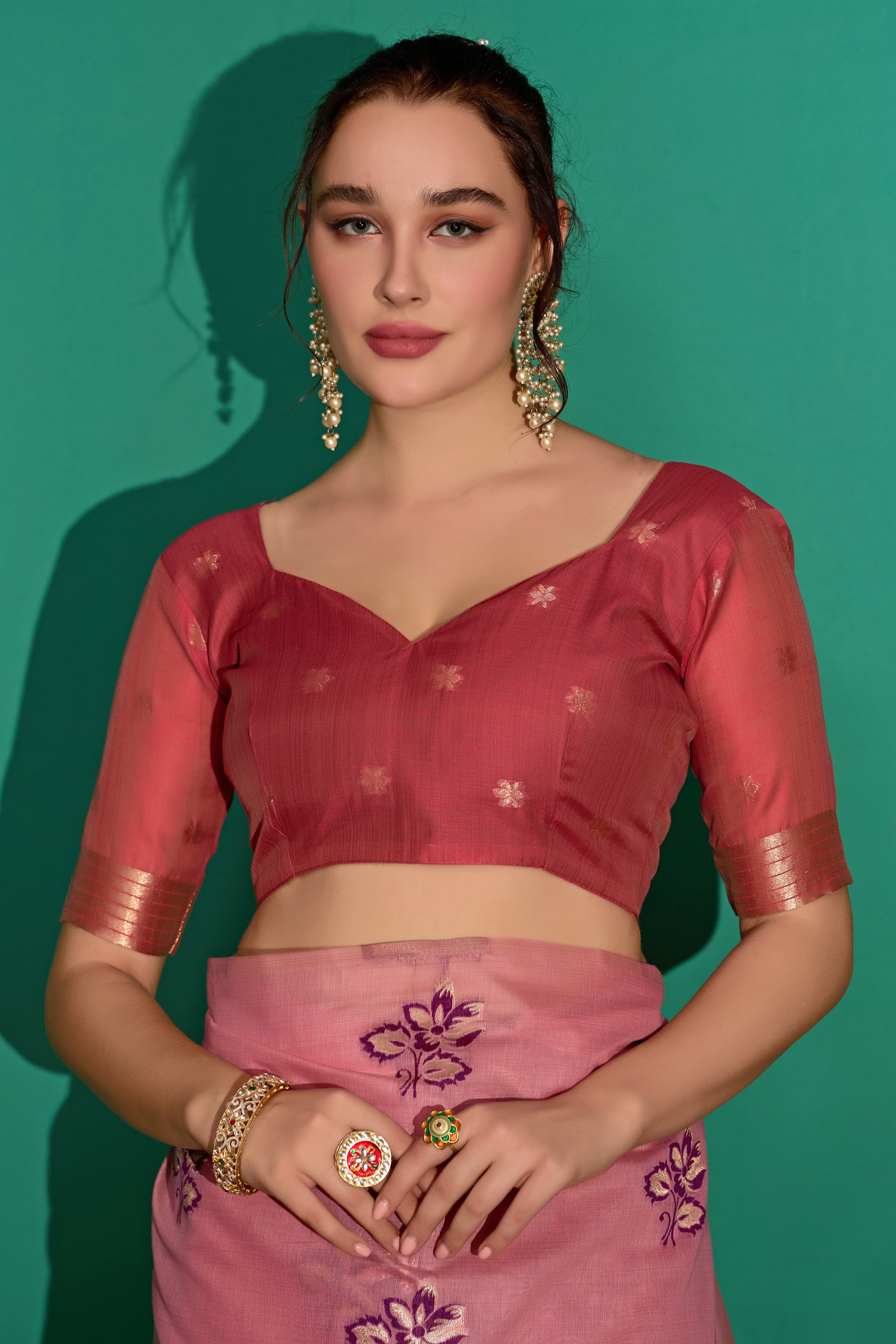 Kathavastra Woven Floral Design Muga Cotton Saree in Pink