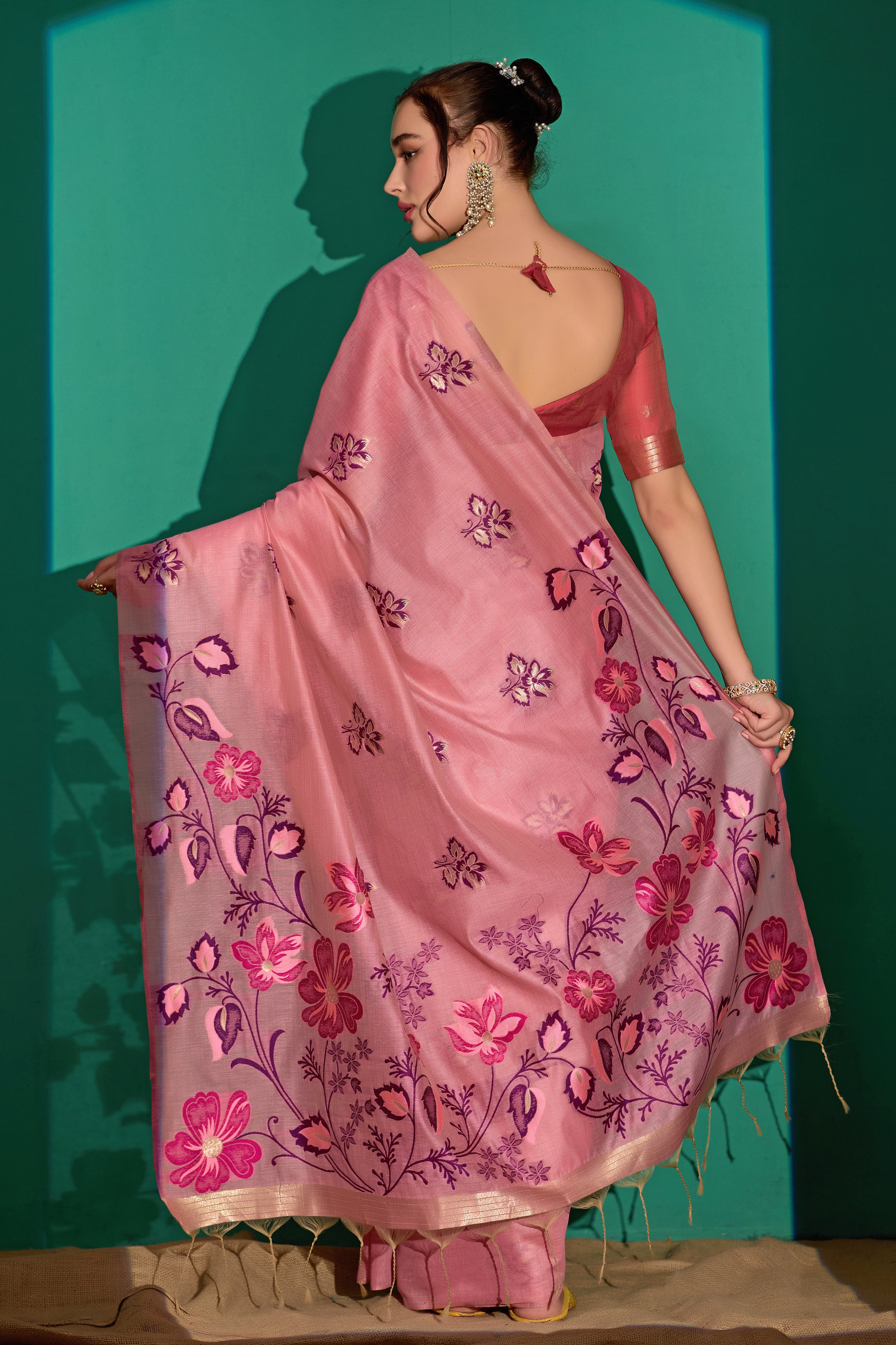 Kathavastra Woven Floral Design Muga Cotton Saree in Pink