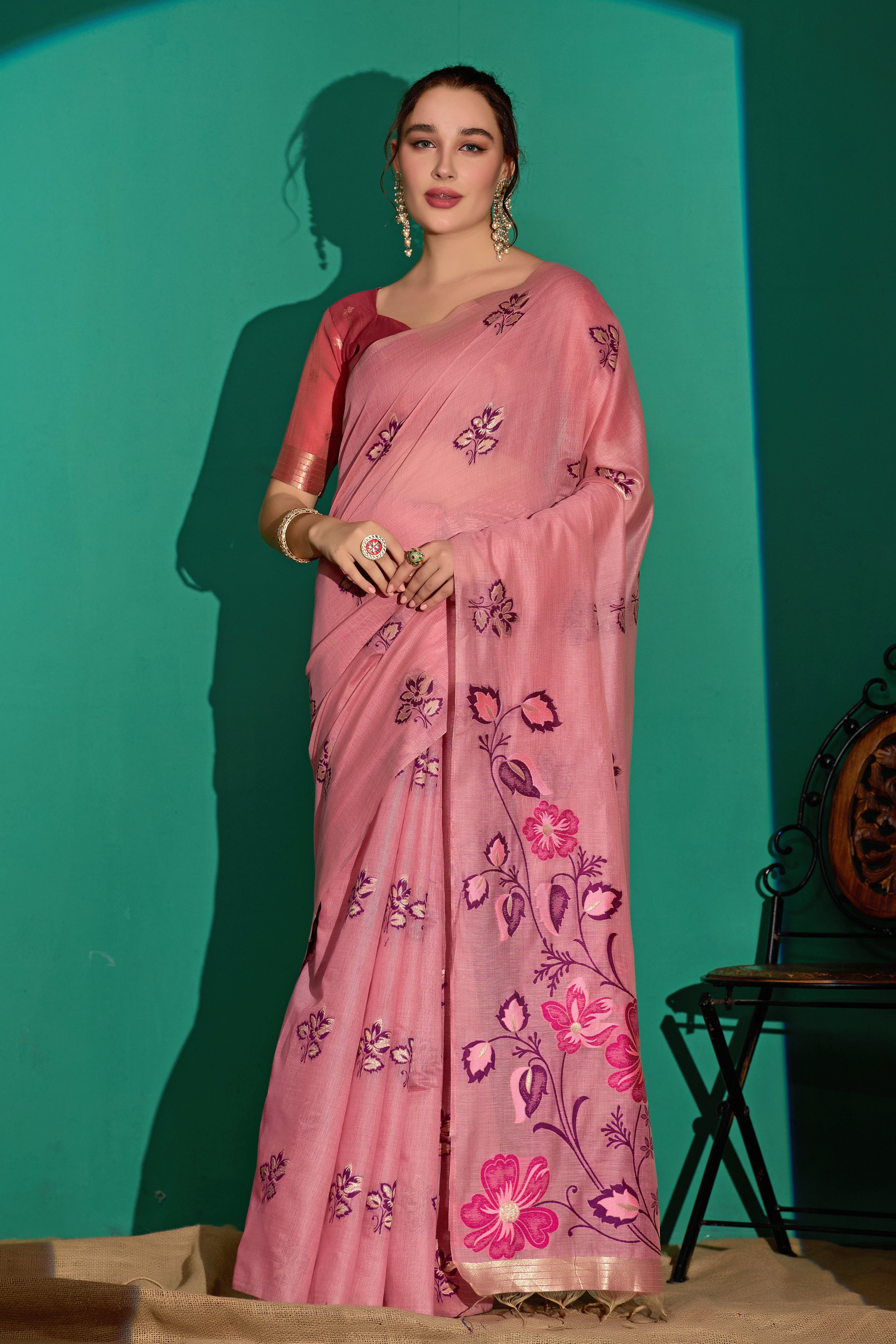 Kathavastra Woven Floral Design Muga Cotton Saree in Pink