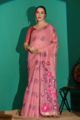 Kathavastra Woven Floral Design Muga Cotton Saree in Pink