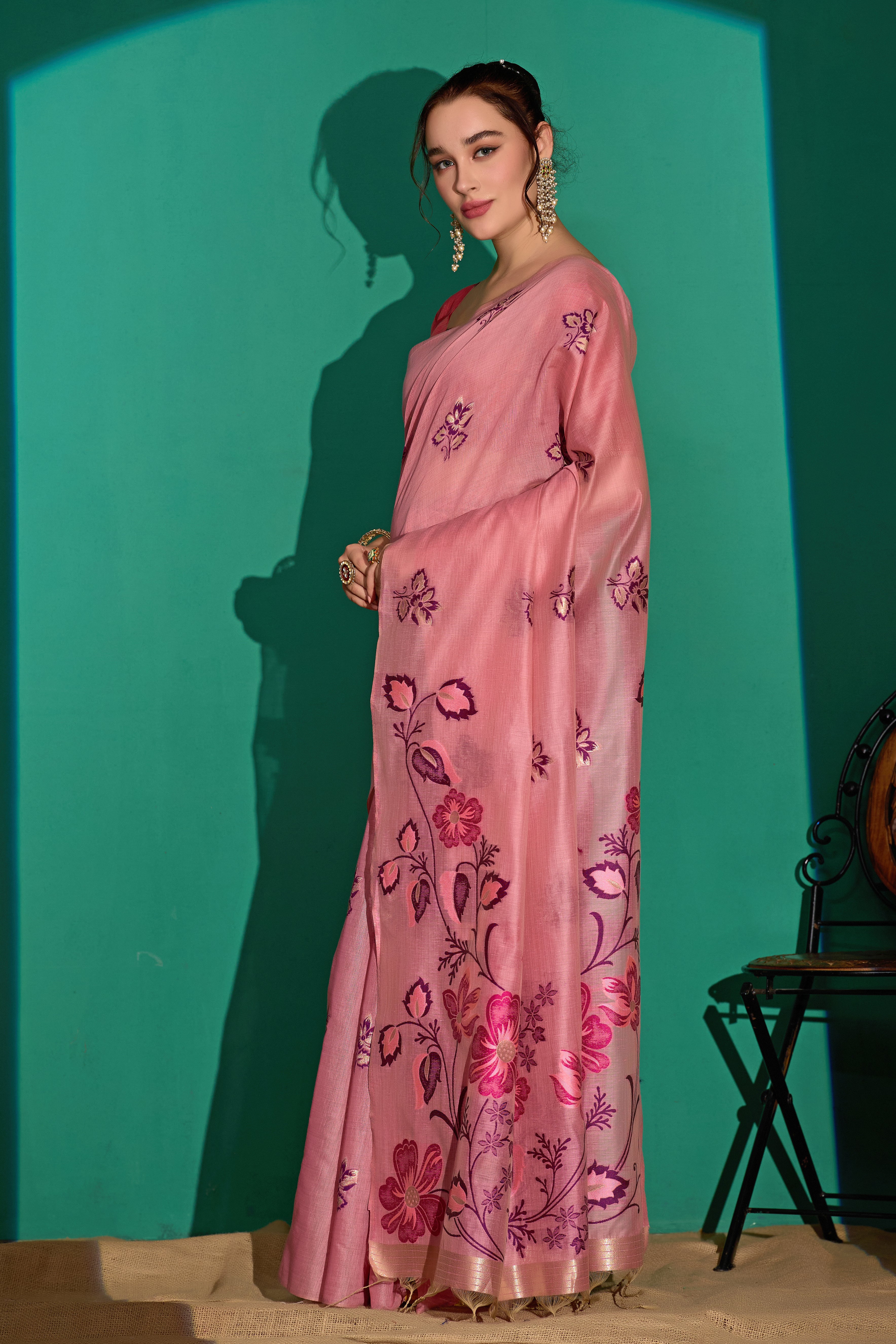 Kathavastra Woven Floral Design Muga Cotton Saree in Pink