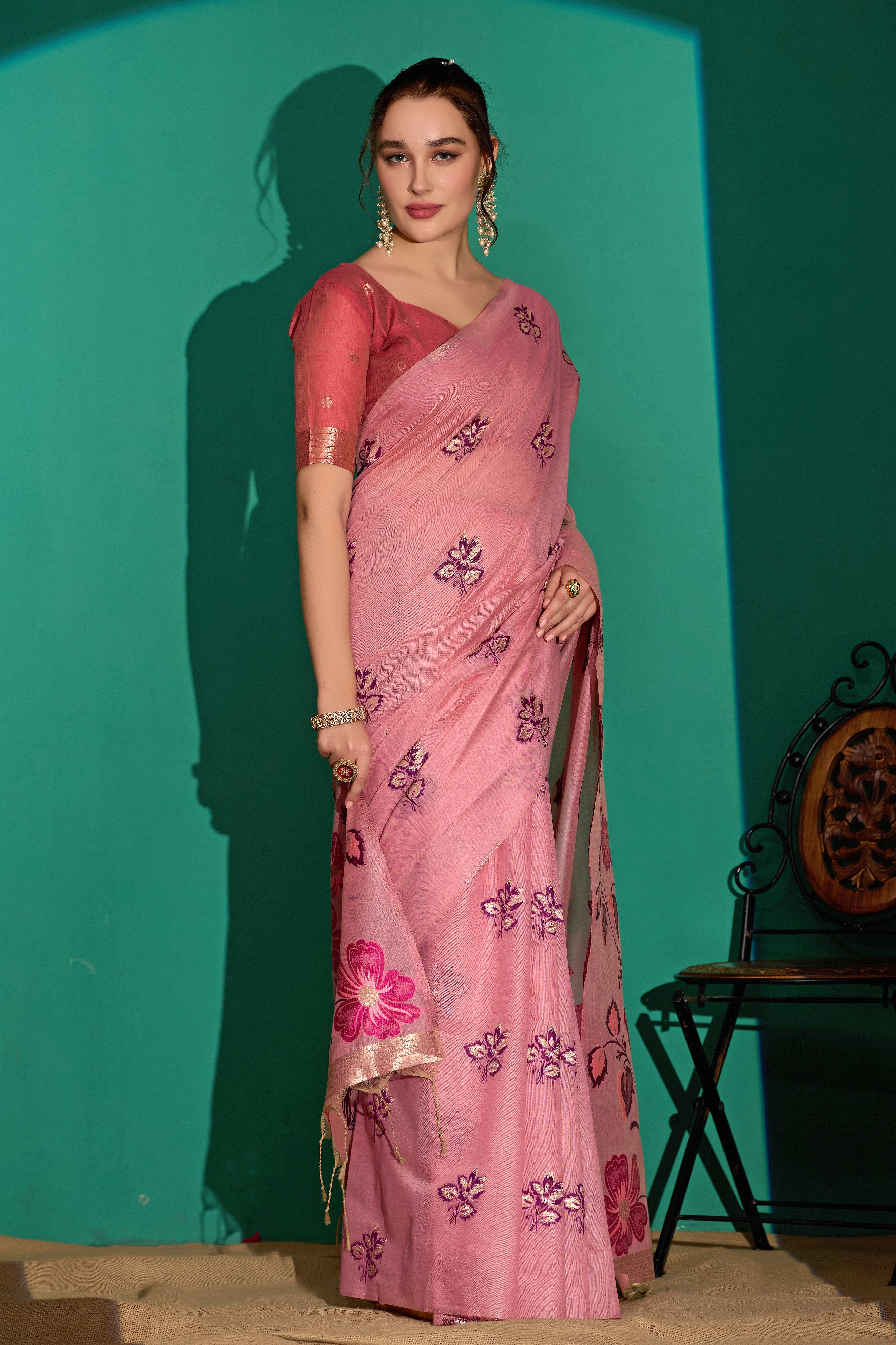 Kathavastra Woven Floral Design Muga Cotton Saree in Pink