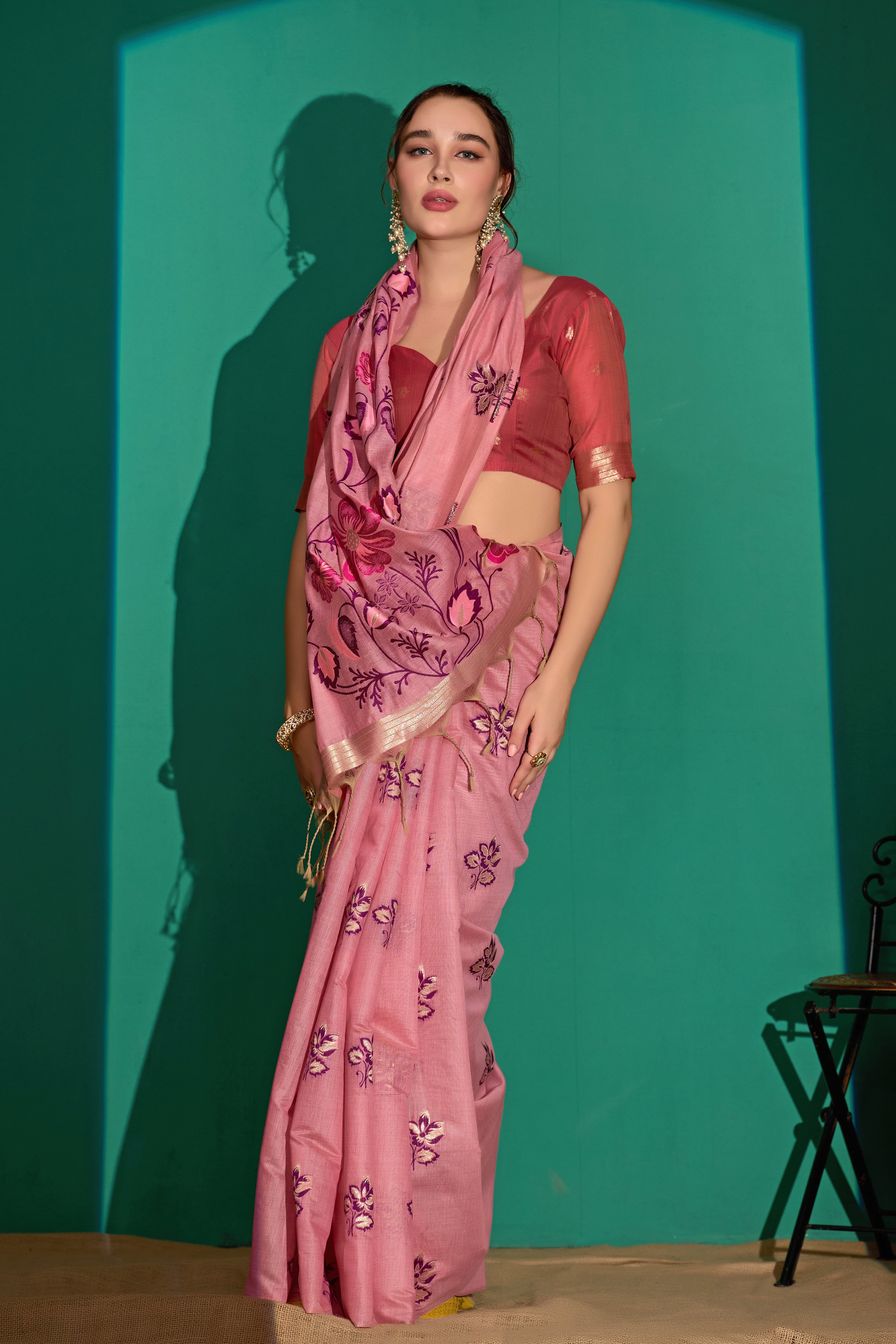 Kathavastra Woven Floral Design Muga Cotton Saree in Pink