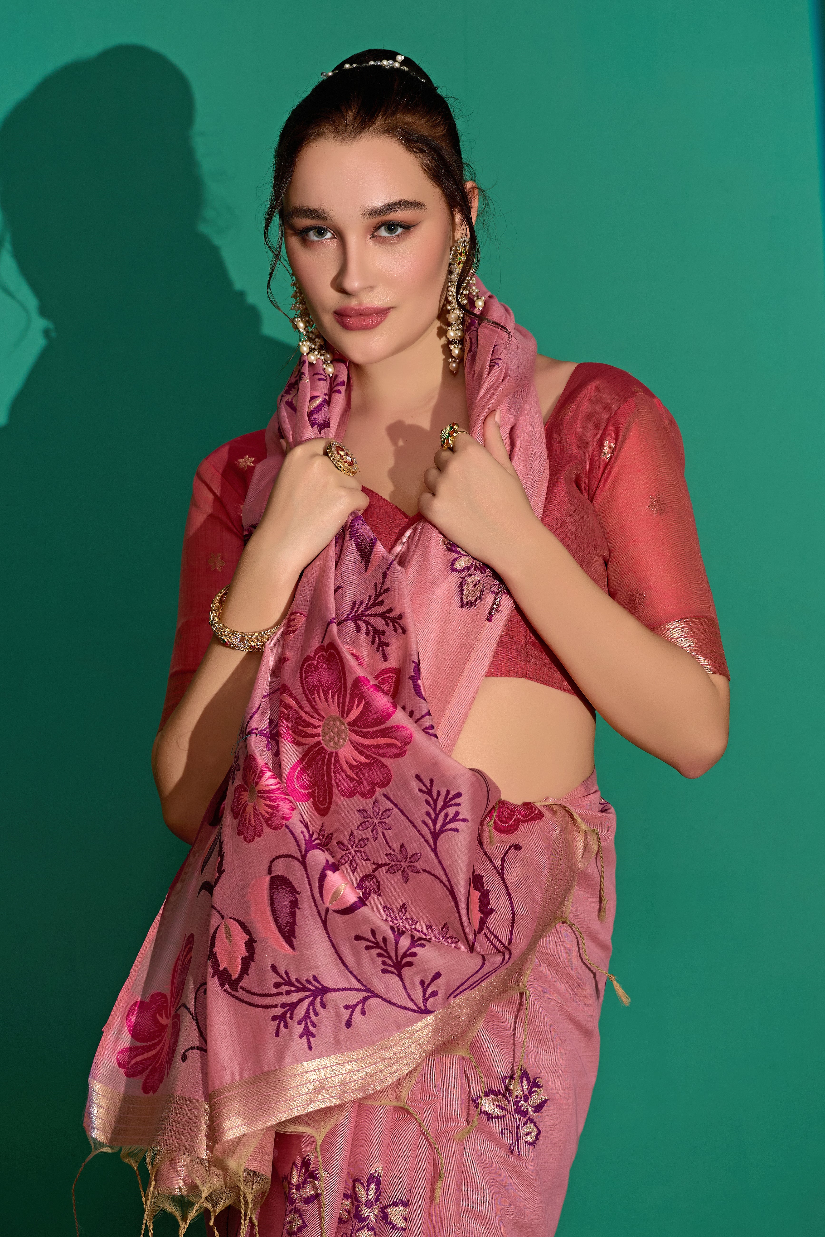 Kathavastra Woven Floral Design Muga Cotton Saree in Pink