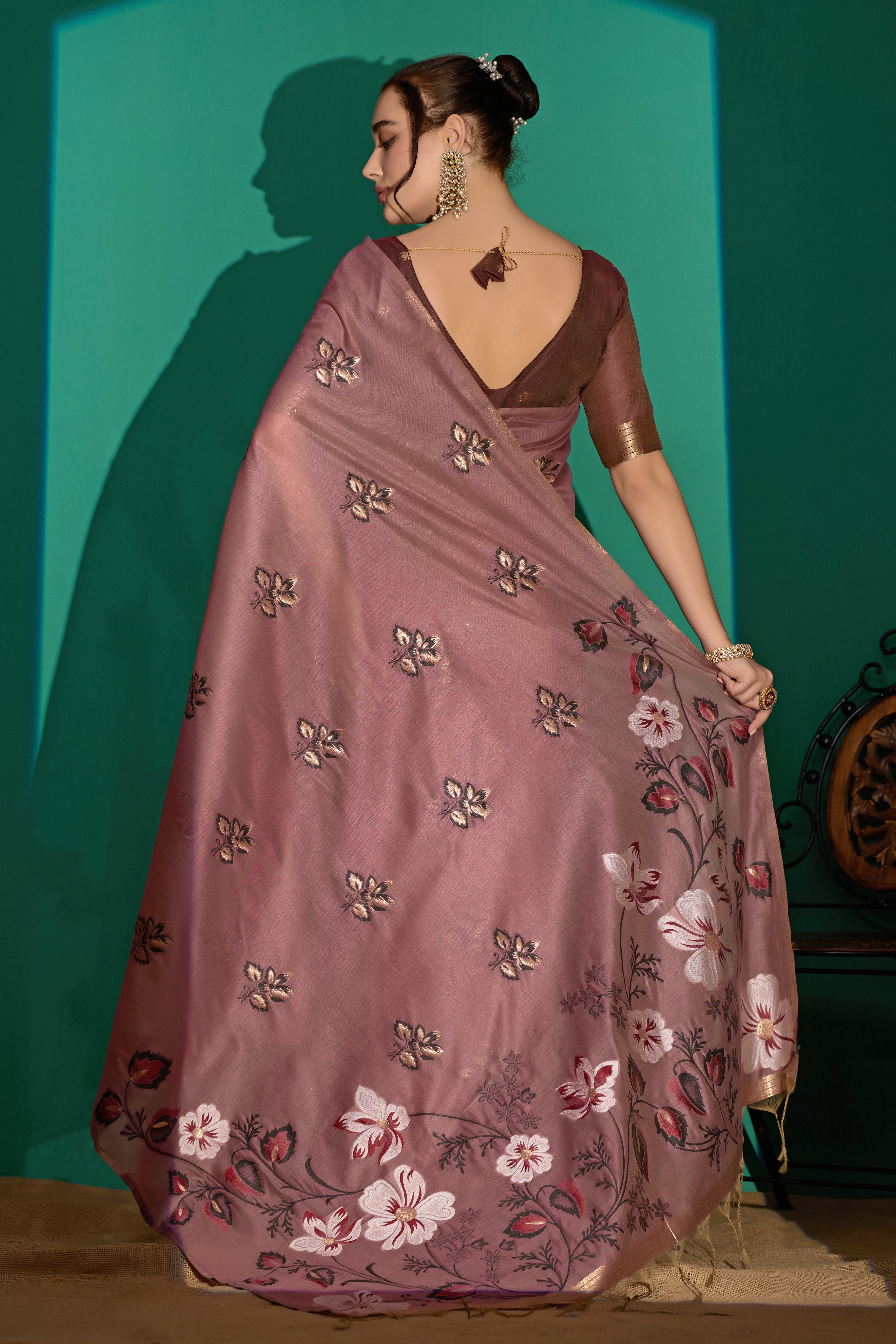 Kathavastra Woven Floral Design Muga Cotton Saree in Wine