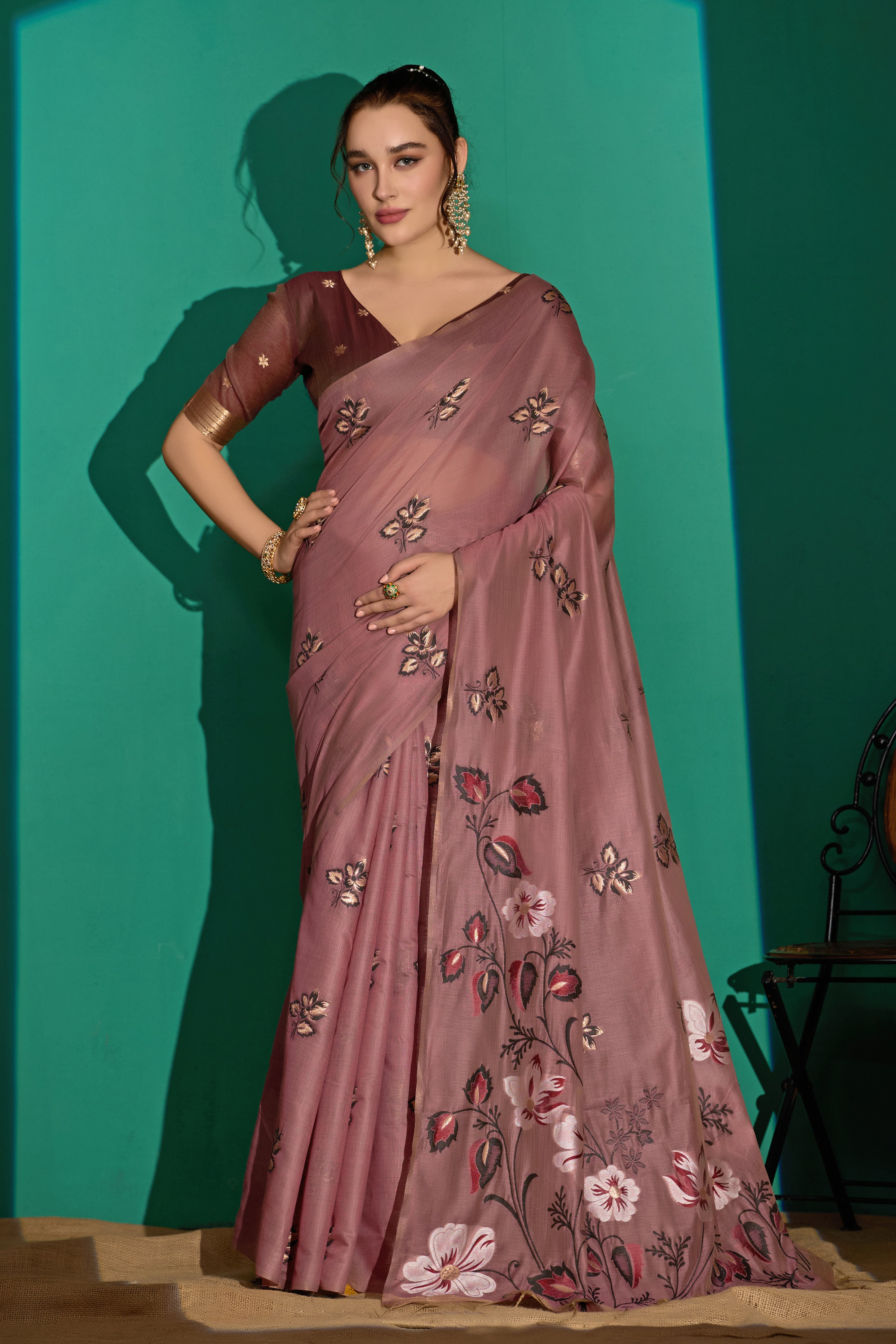 Kathavastra Woven Floral Design Muga Cotton Saree in Wine