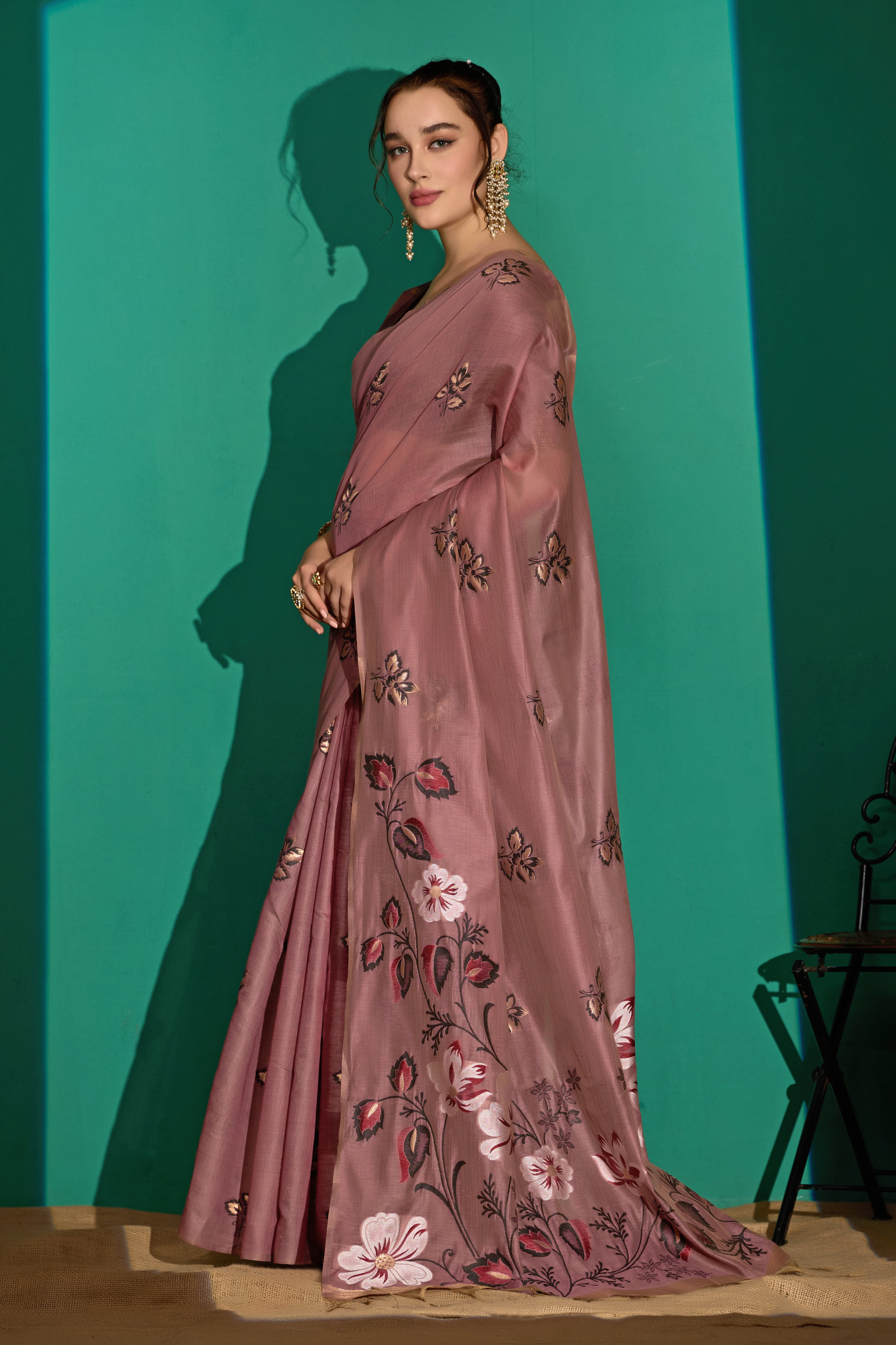 Kathavastra Woven Floral Design Muga Cotton Saree in Wine