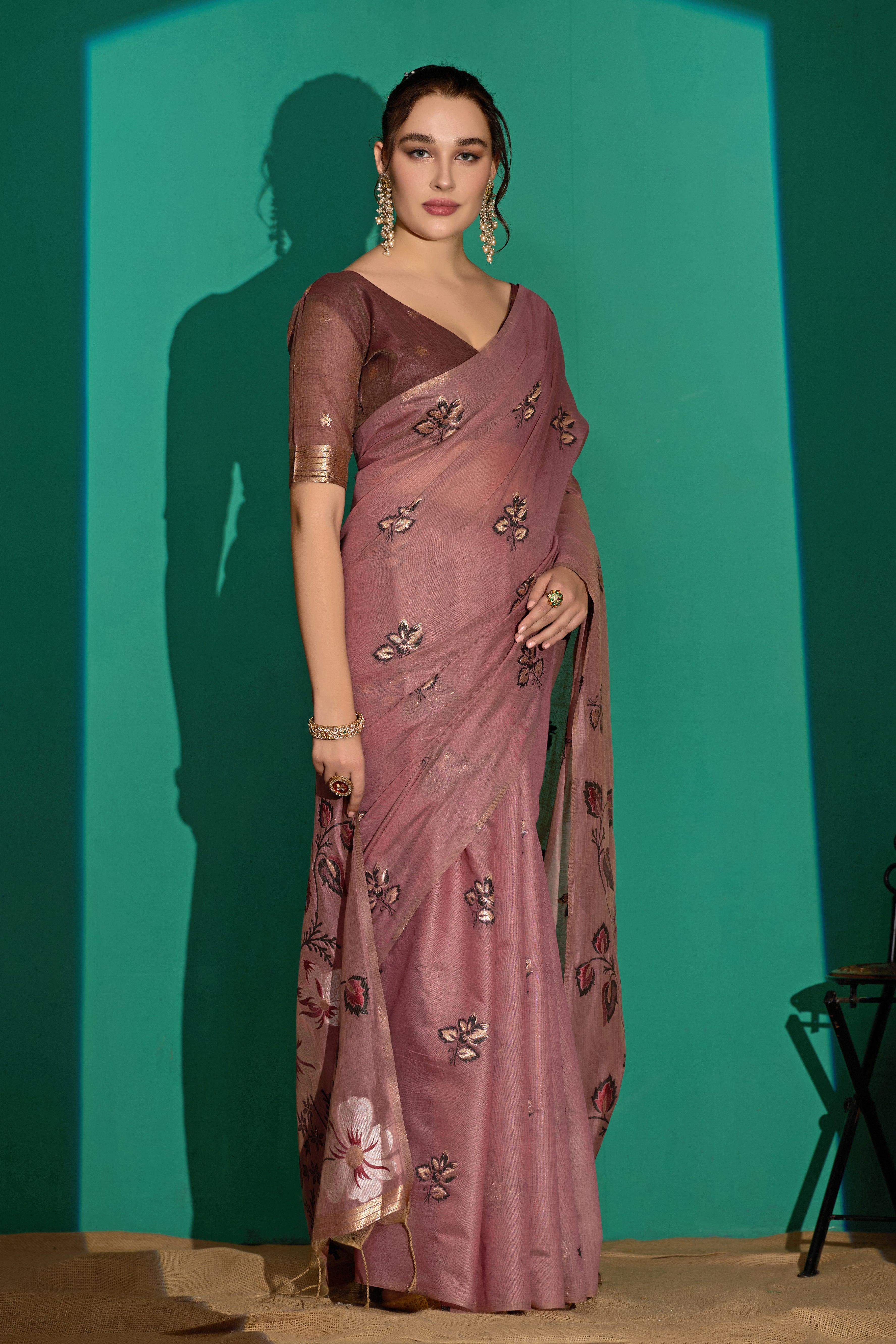 Kathavastra Woven Floral Design Muga Cotton Saree in Wine