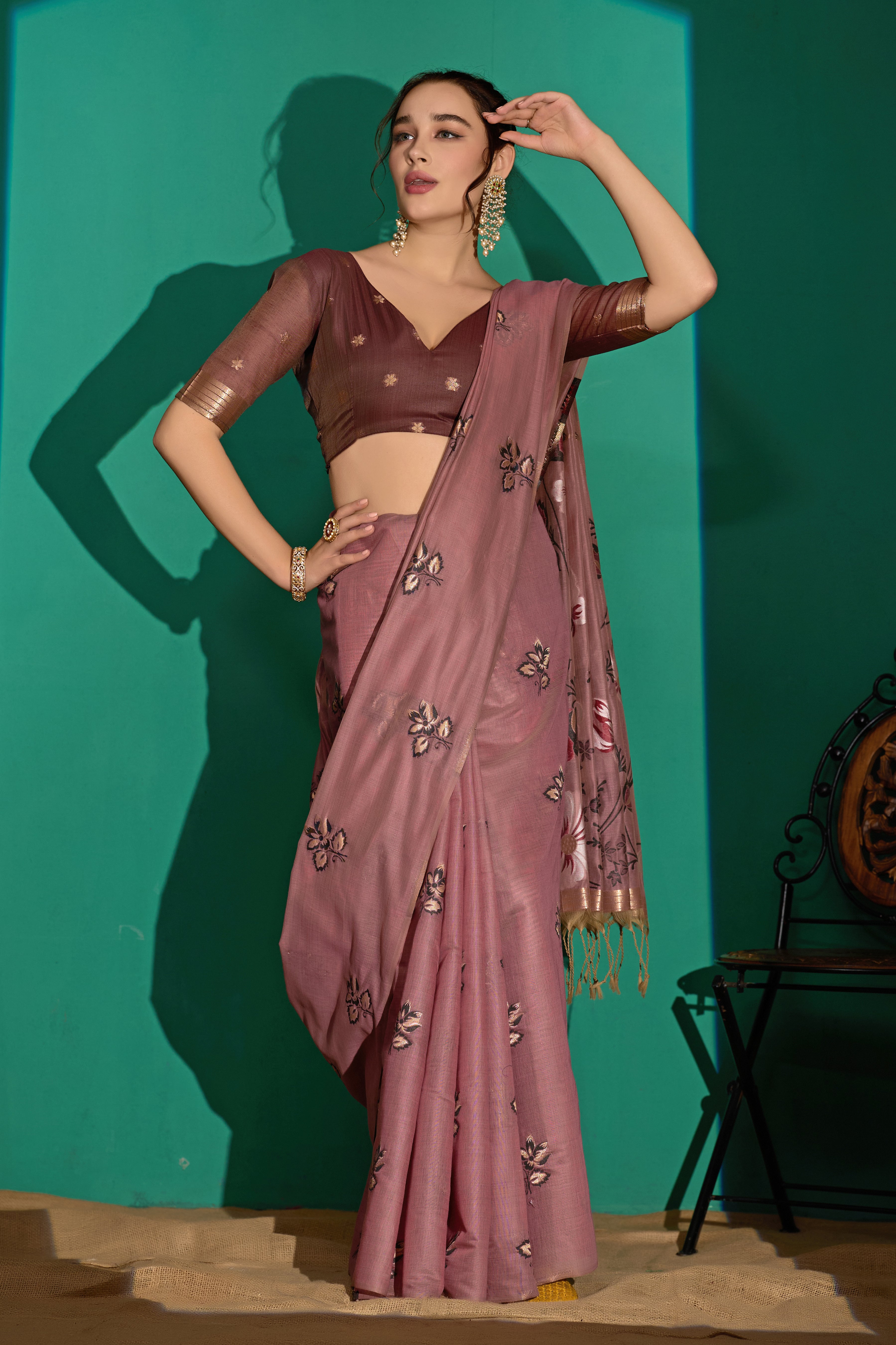 Kathavastra Woven Floral Design Muga Cotton Saree in Wine