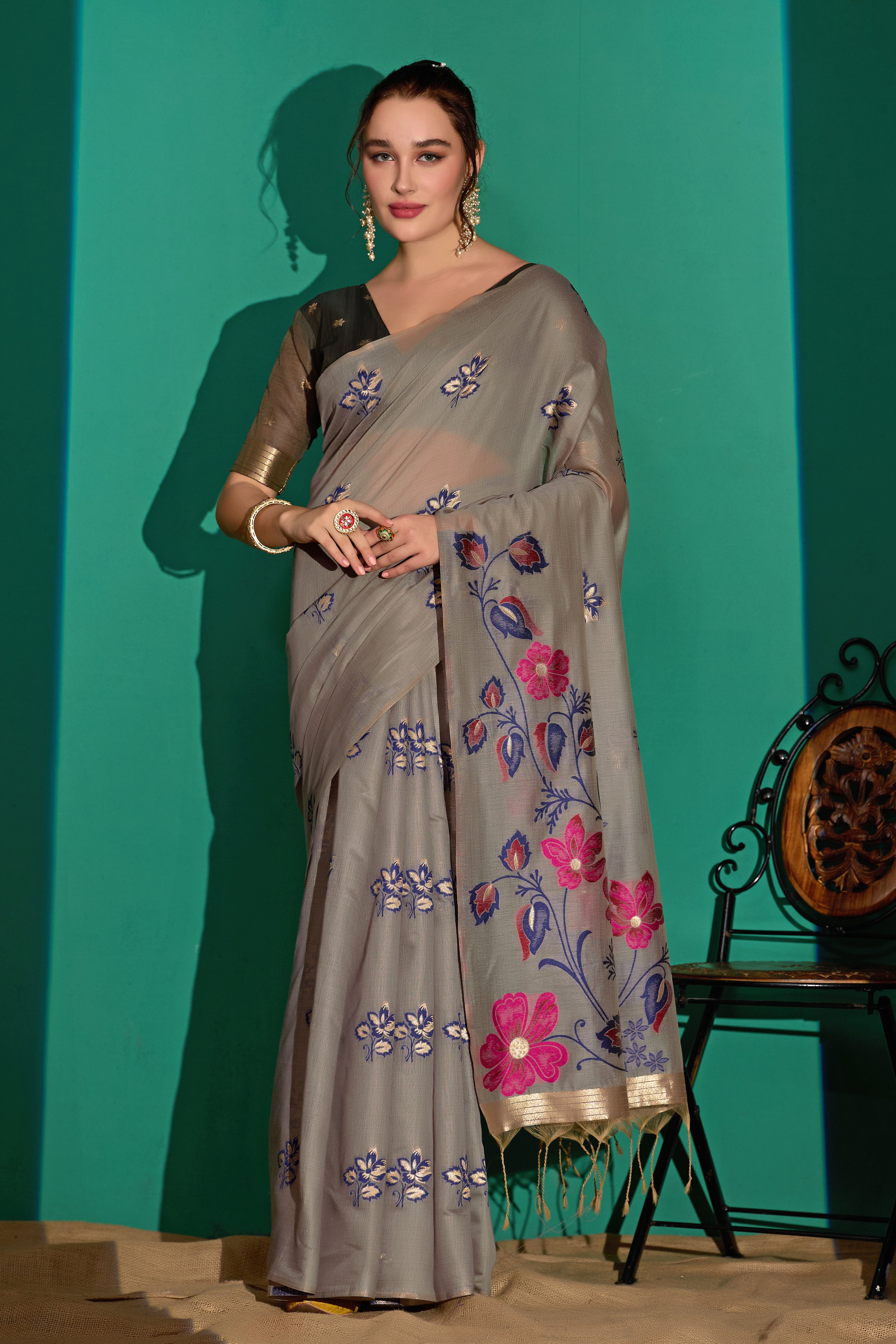 Kathavastra Woven Floral Design Muga Cotton Saree in Gray