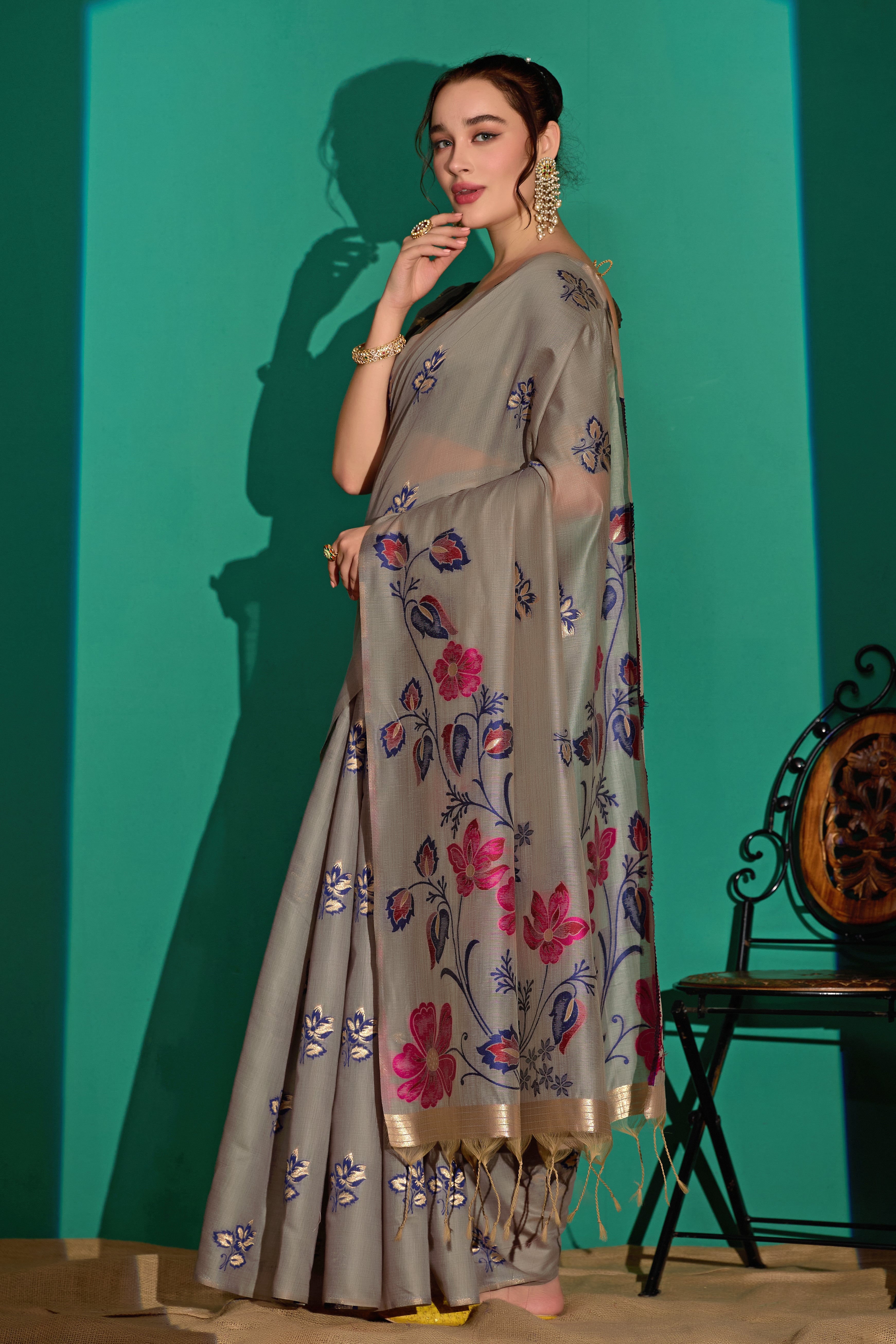 Kathavastra Woven Floral Design Muga Cotton Saree in Gray