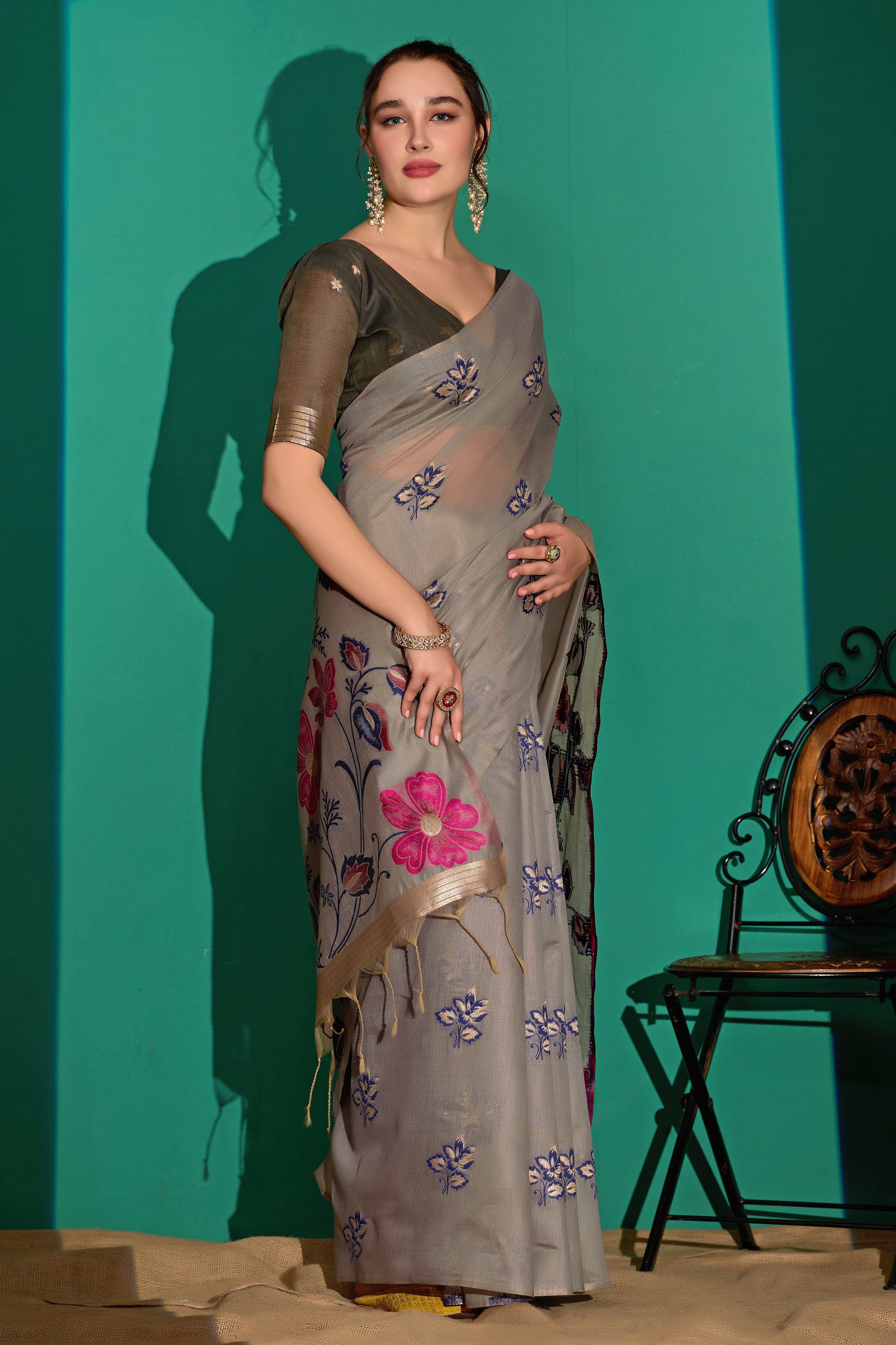 Kathavastra Woven Floral Design Muga Cotton Saree in Gray