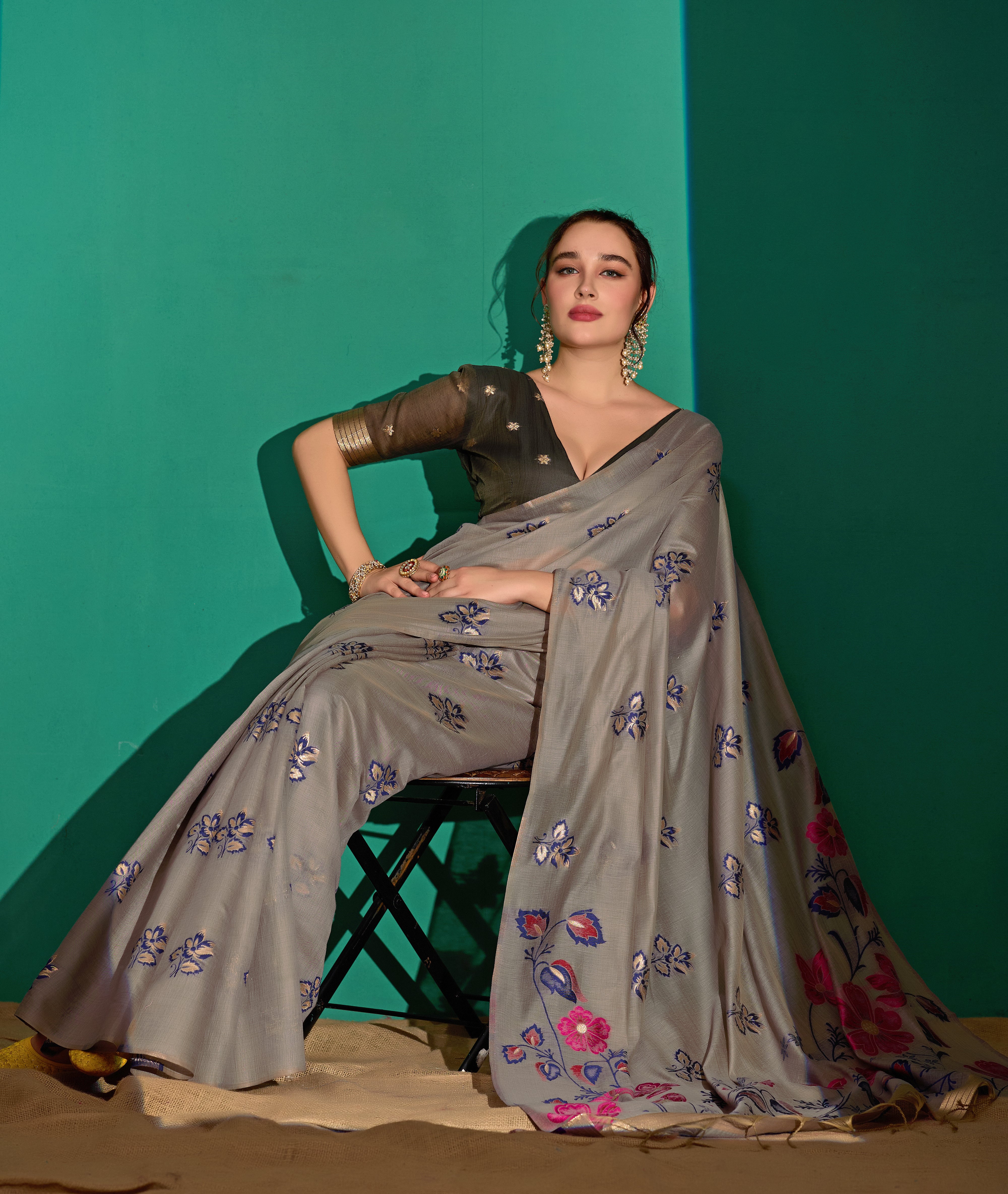 Kathavastra Woven Floral Design Muga Cotton Saree in Gray