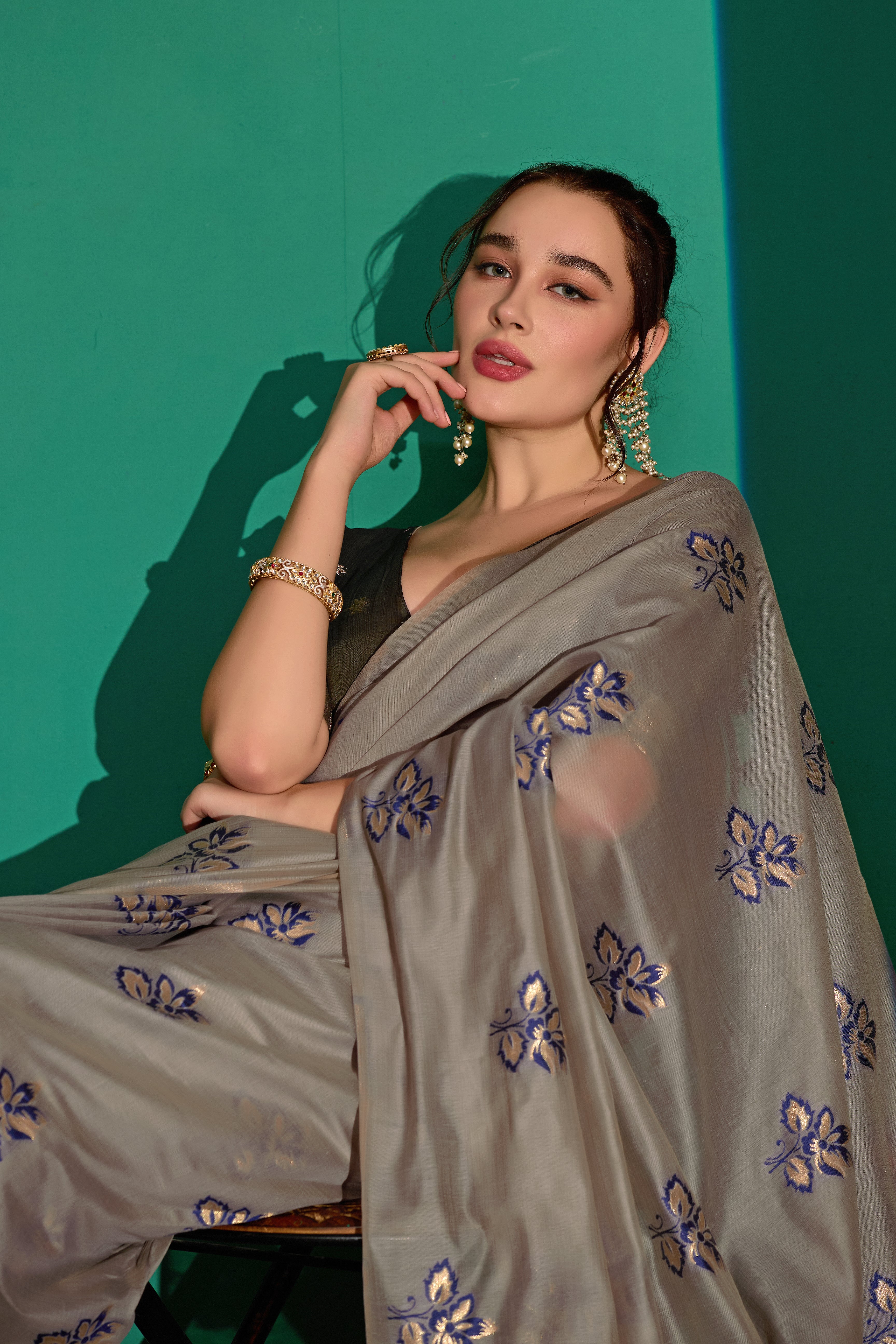 Kathavastra Woven Floral Design Muga Cotton Saree in Gray