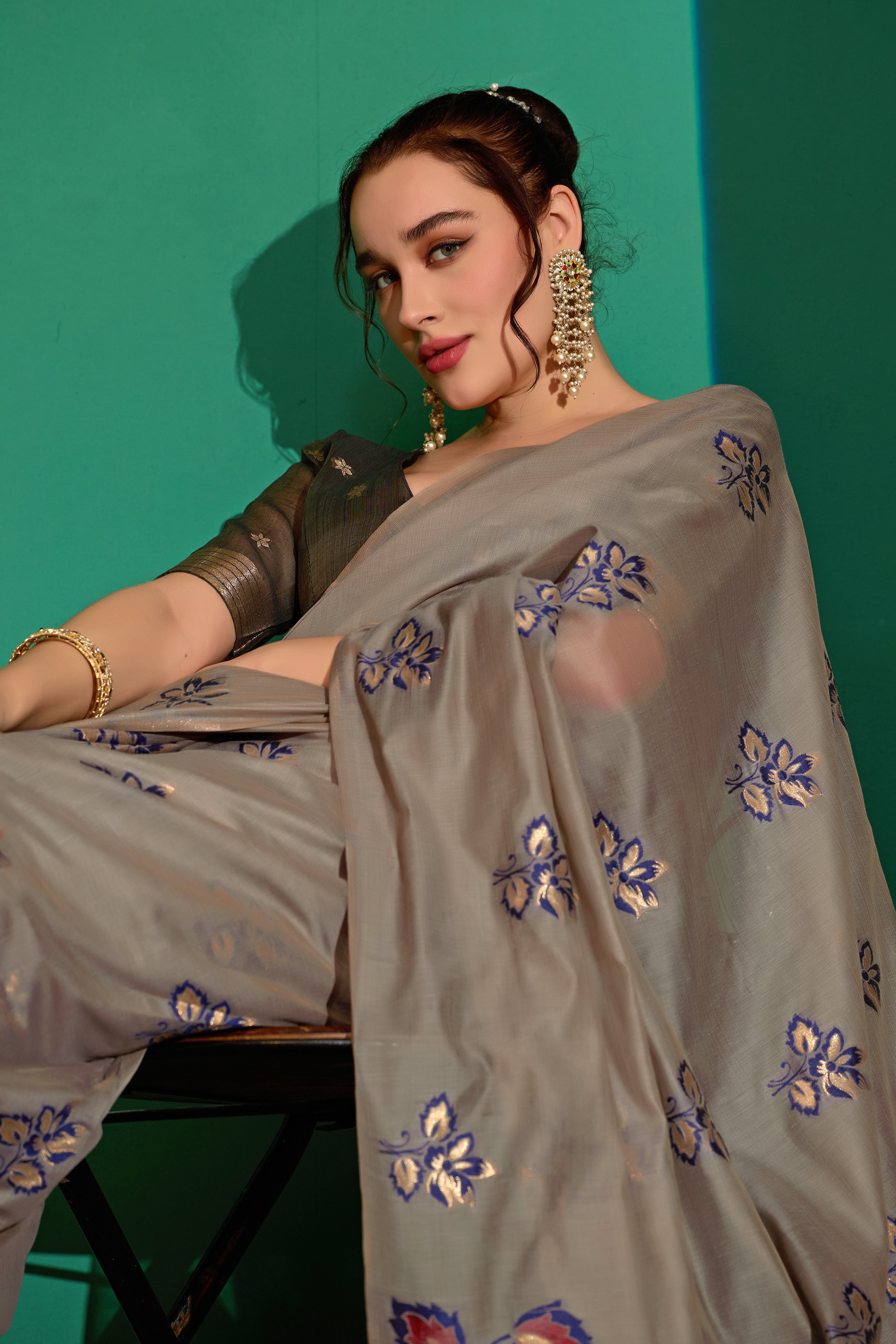Kathavastra Woven Floral Design Muga Cotton Saree in Gray