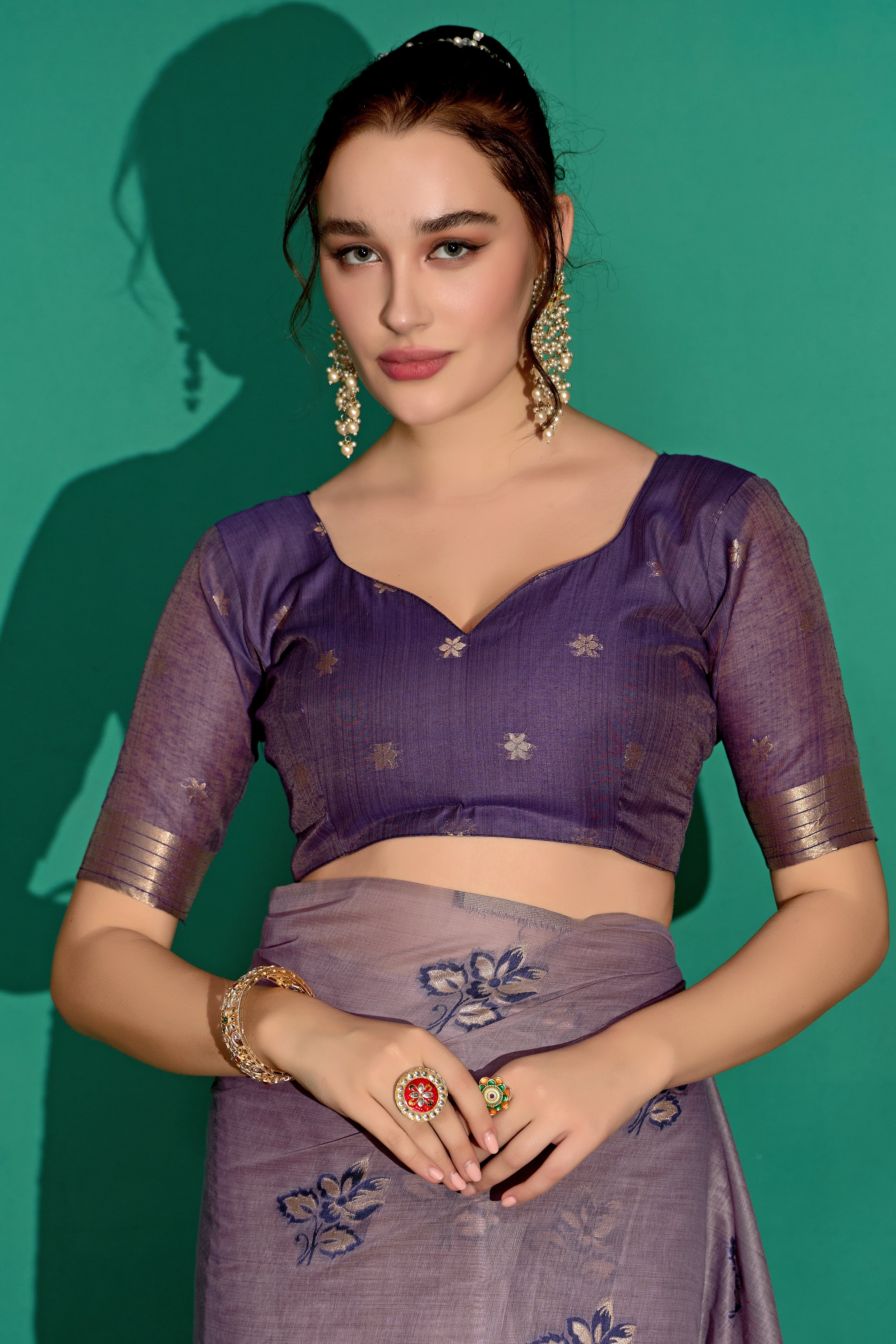 Kathavastra Woven Floral Design Muga Cotton Saree in Lavender