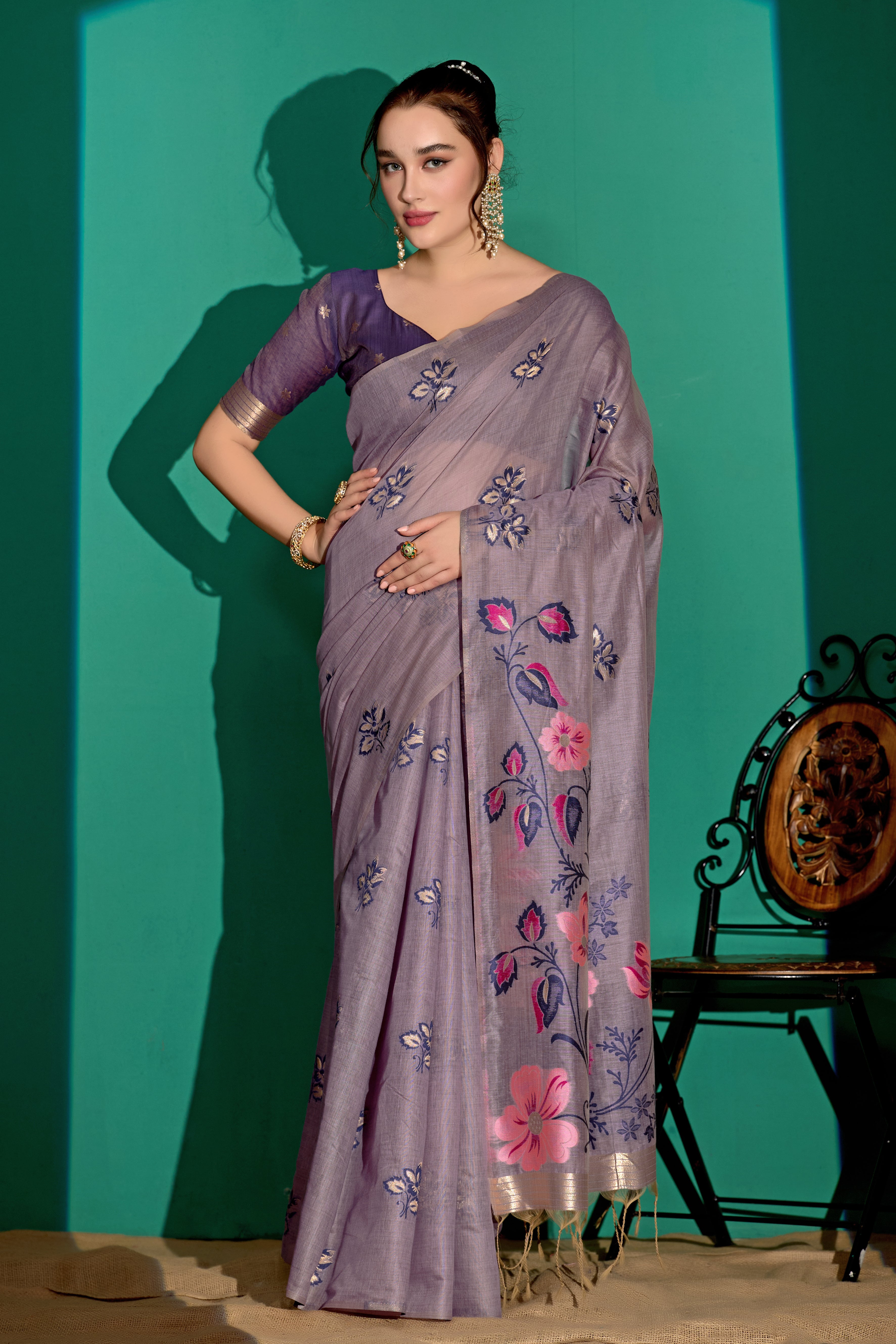Kathavastra Woven Floral Design Muga Cotton Saree in Lavender