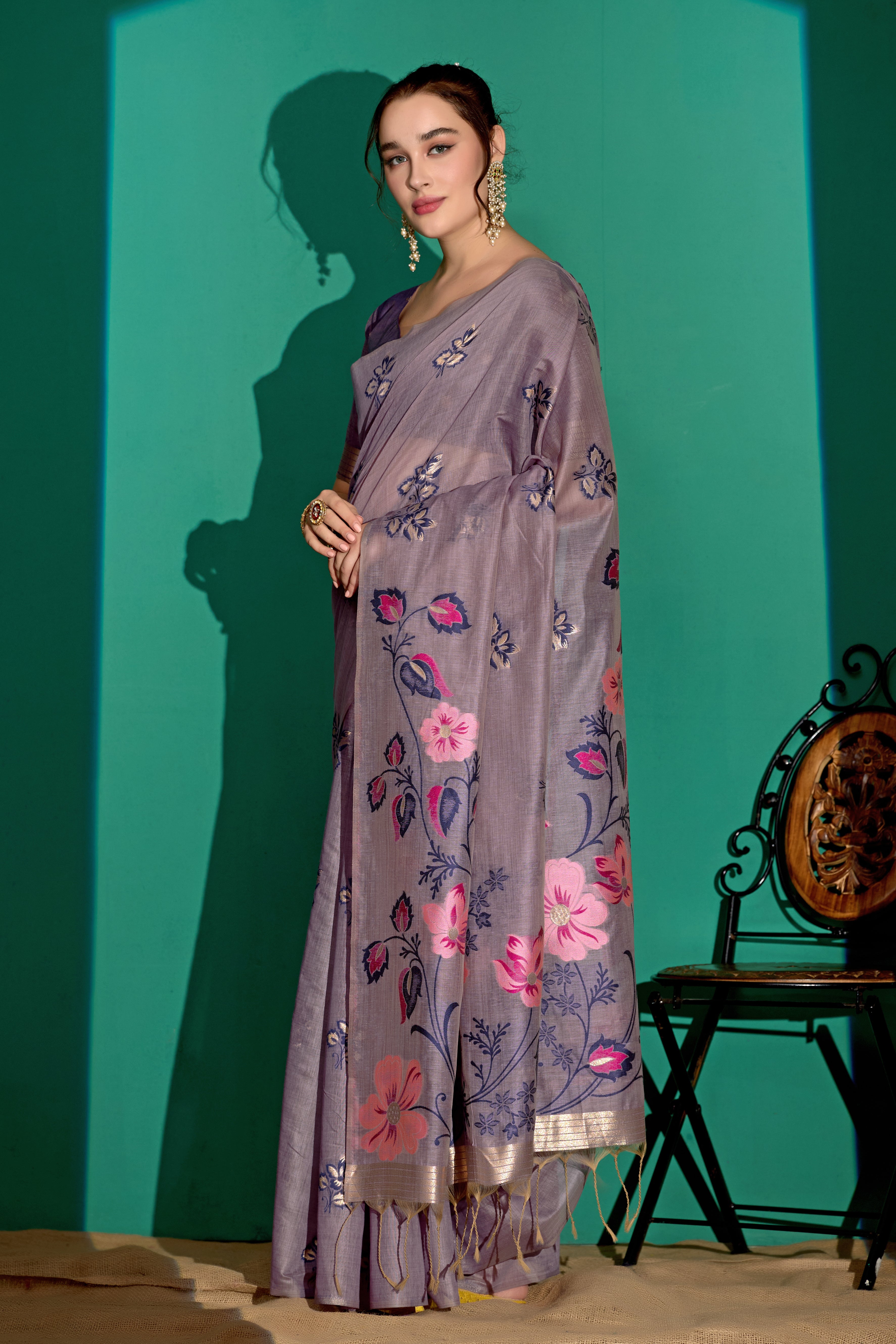 Kathavastra Woven Floral Design Muga Cotton Saree in Lavender