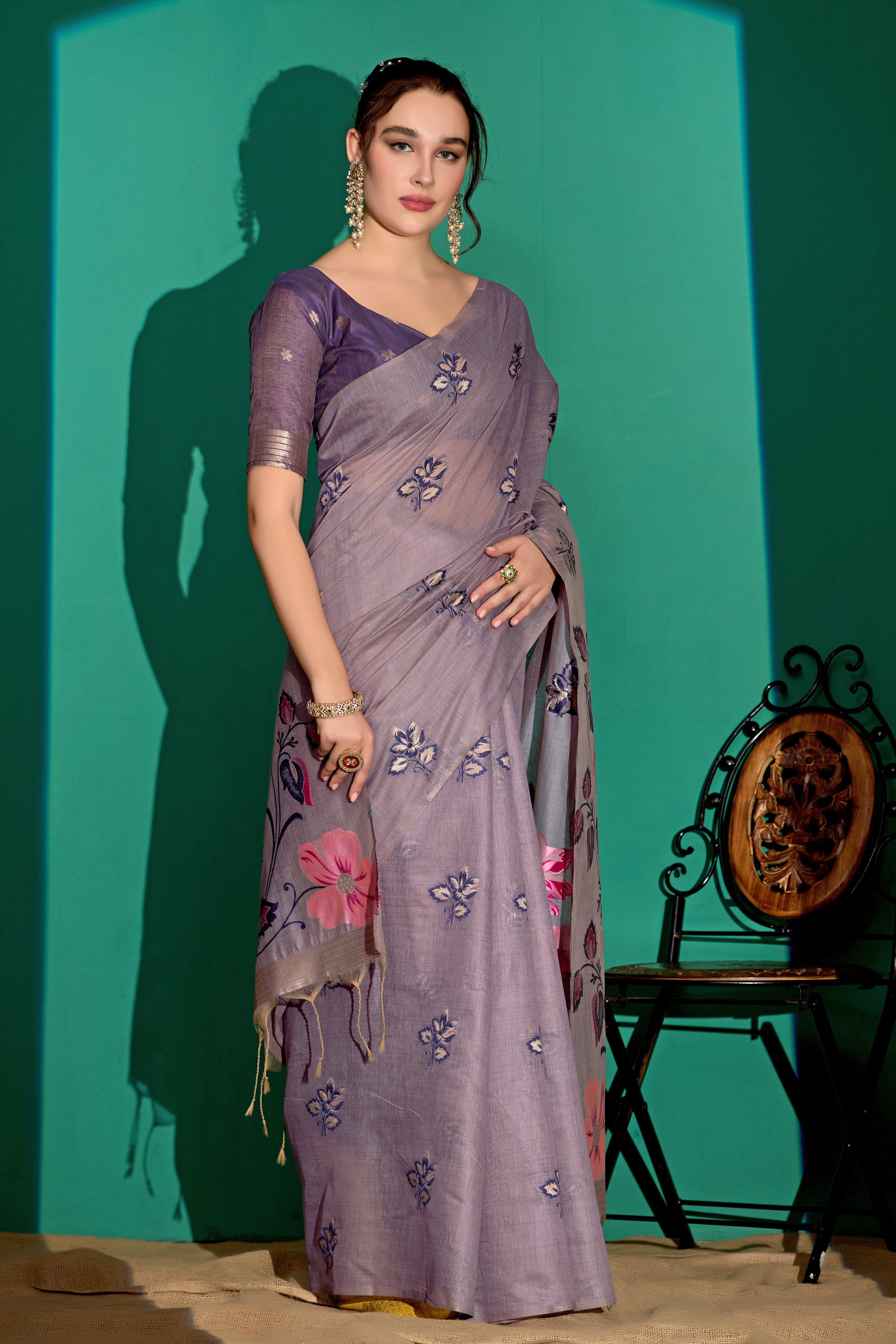 Kathavastra Woven Floral Design Muga Cotton Saree in Lavender