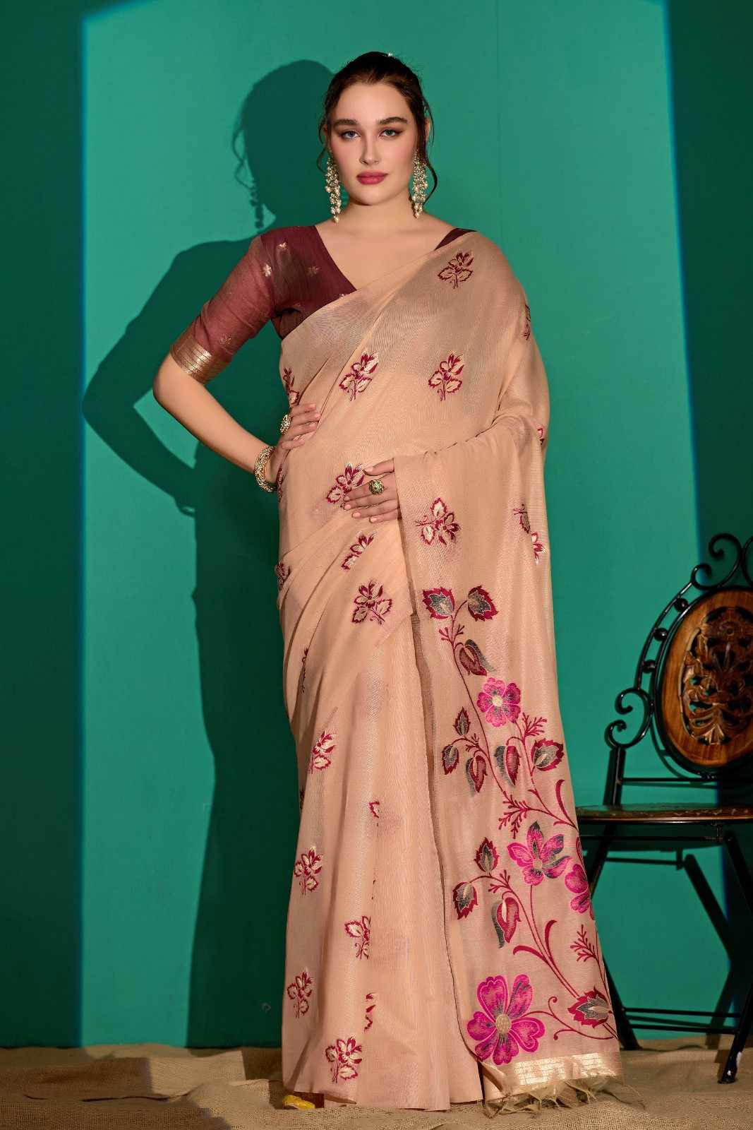 Kathavastra Woven Floral Design Muga Cotton Saree in Peach