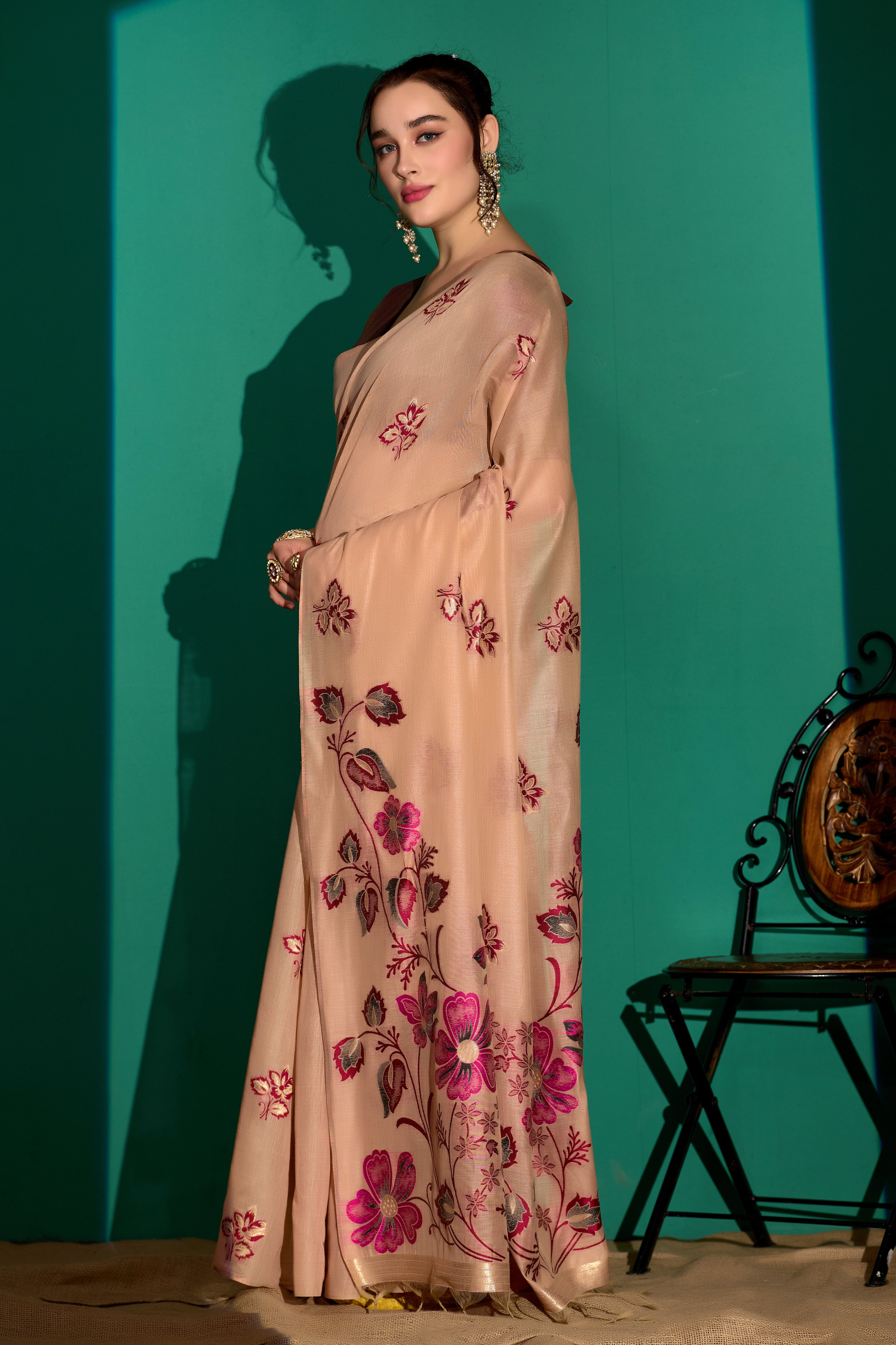 Kathavastra Woven Floral Design Muga Cotton Saree in Peach